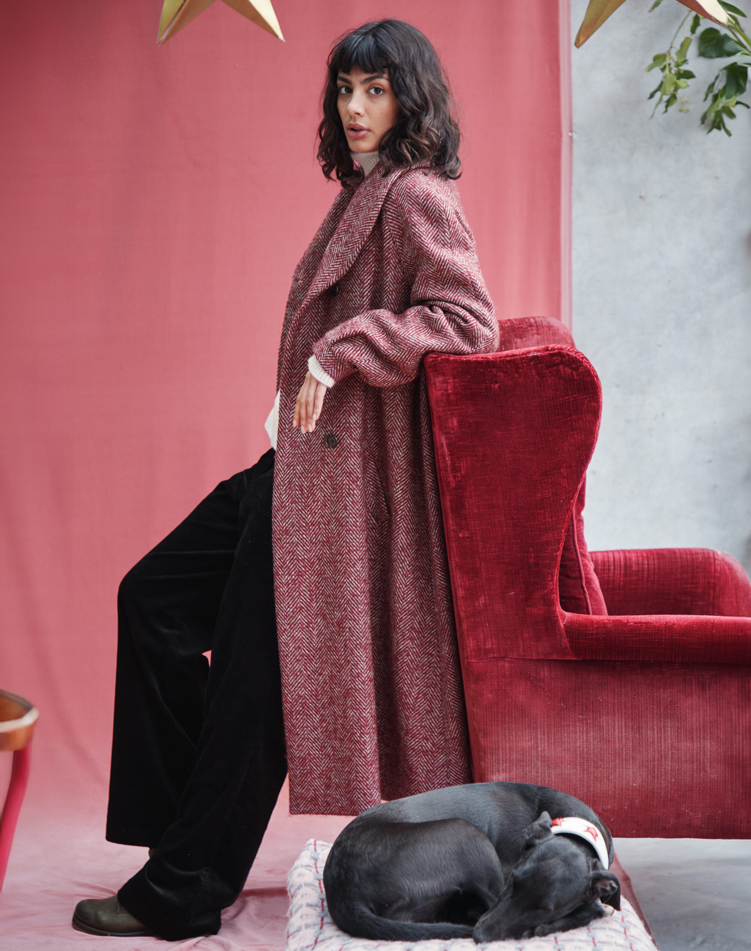 Brora Herringbone Wool Coat Claret pearl