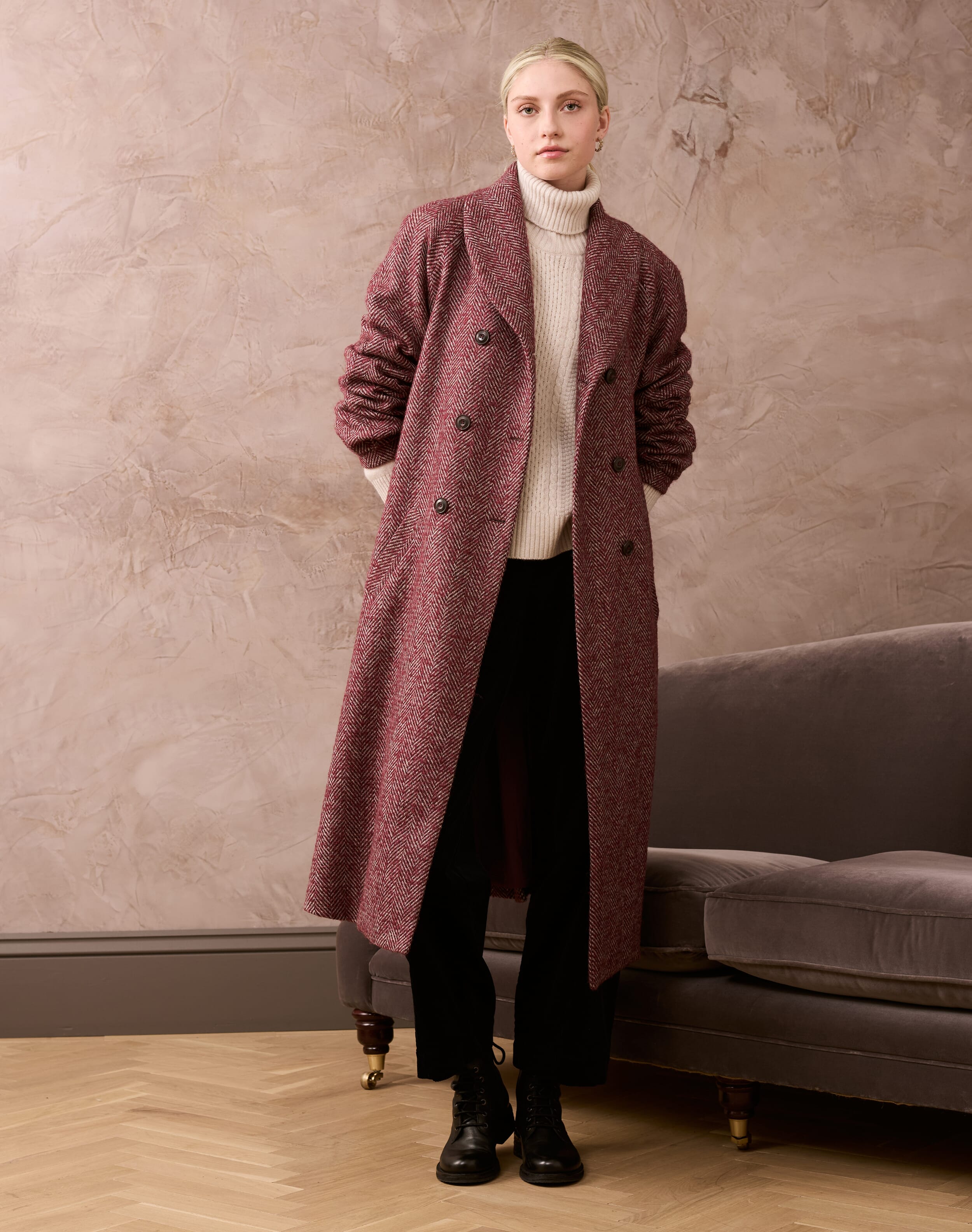 Herringbone Wool Coat in Claret | Coats & Jackets | Brora Sale