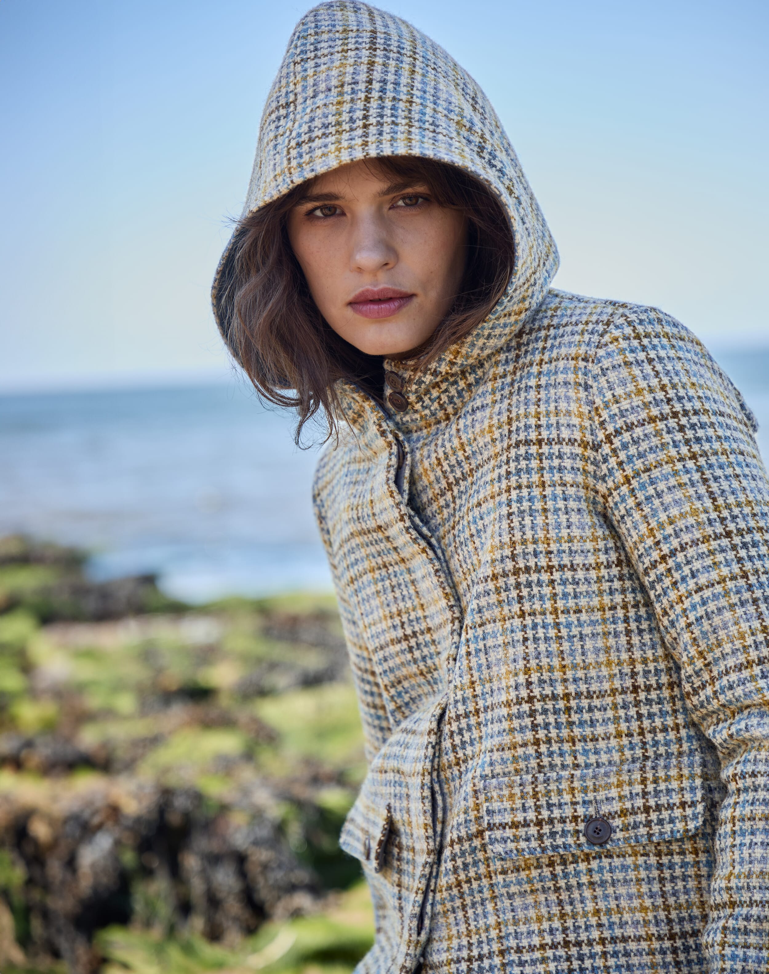 Brora Harris Tweed Hooded Coat Sky mustard