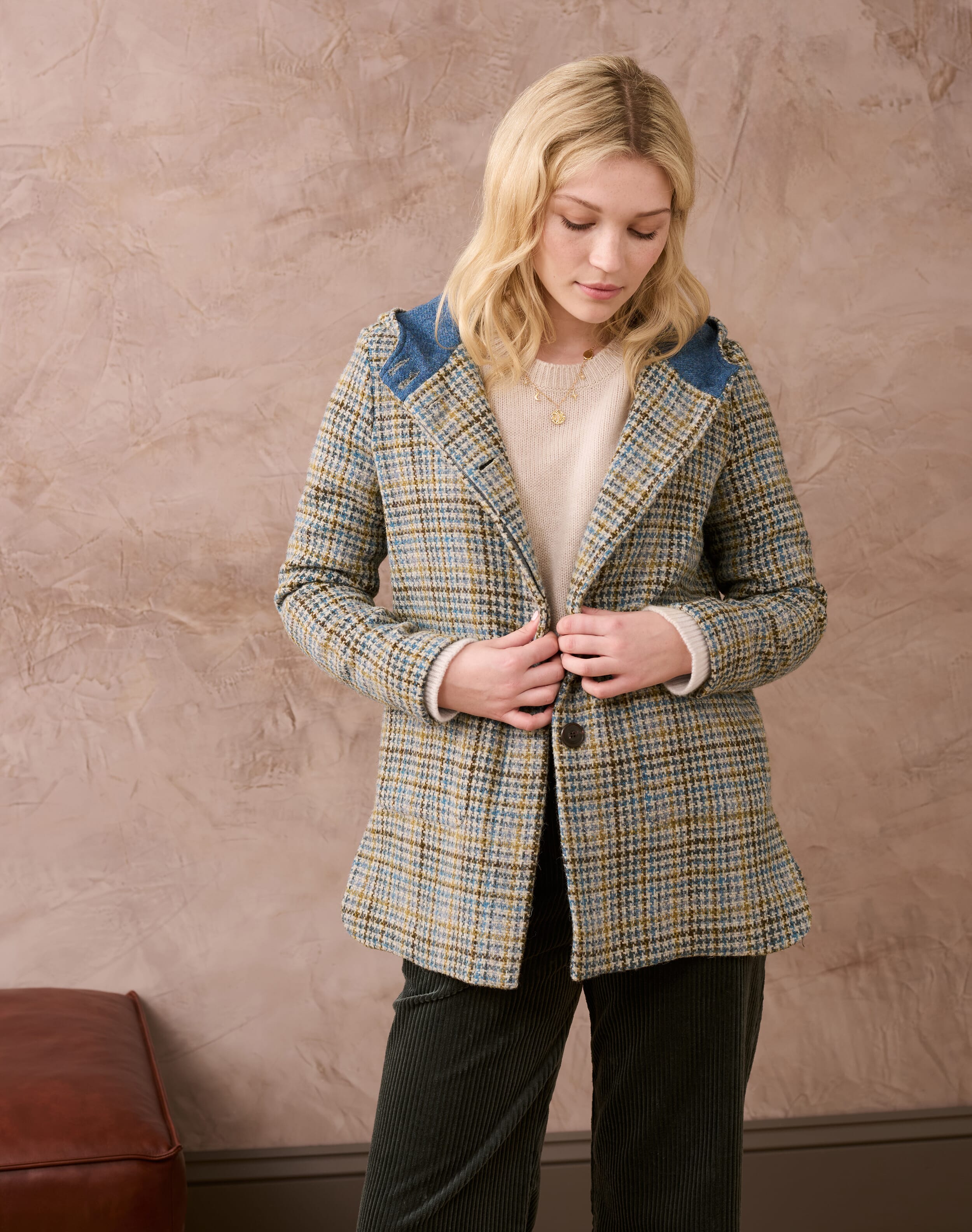 Women's Harris Tweed Hooded Coat in Mustard | Brora Sale