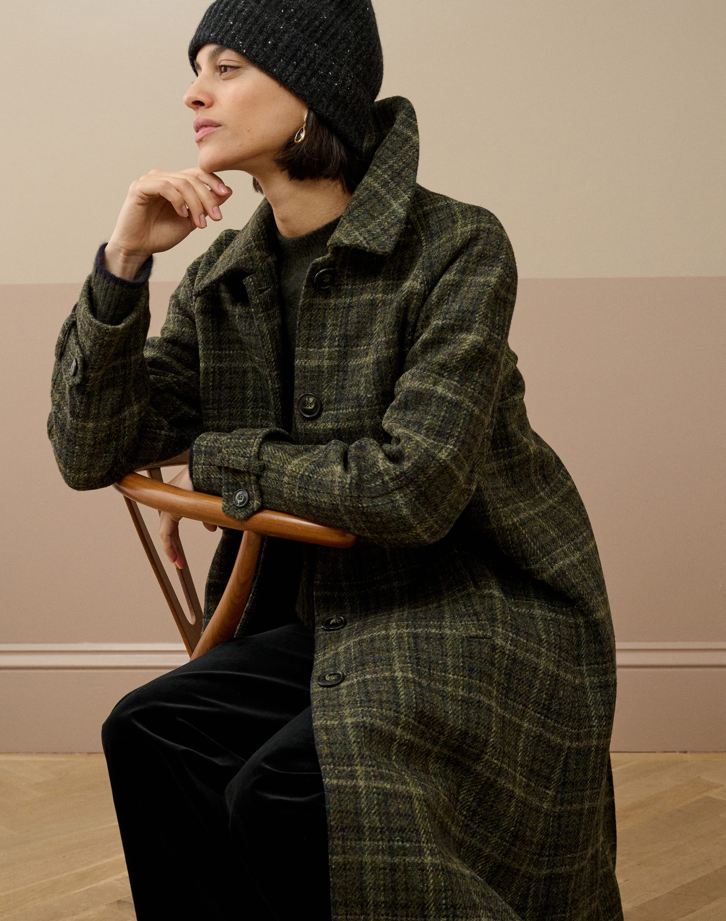 Harris Tweed Check Coat in Forest | Womenswear | Brora