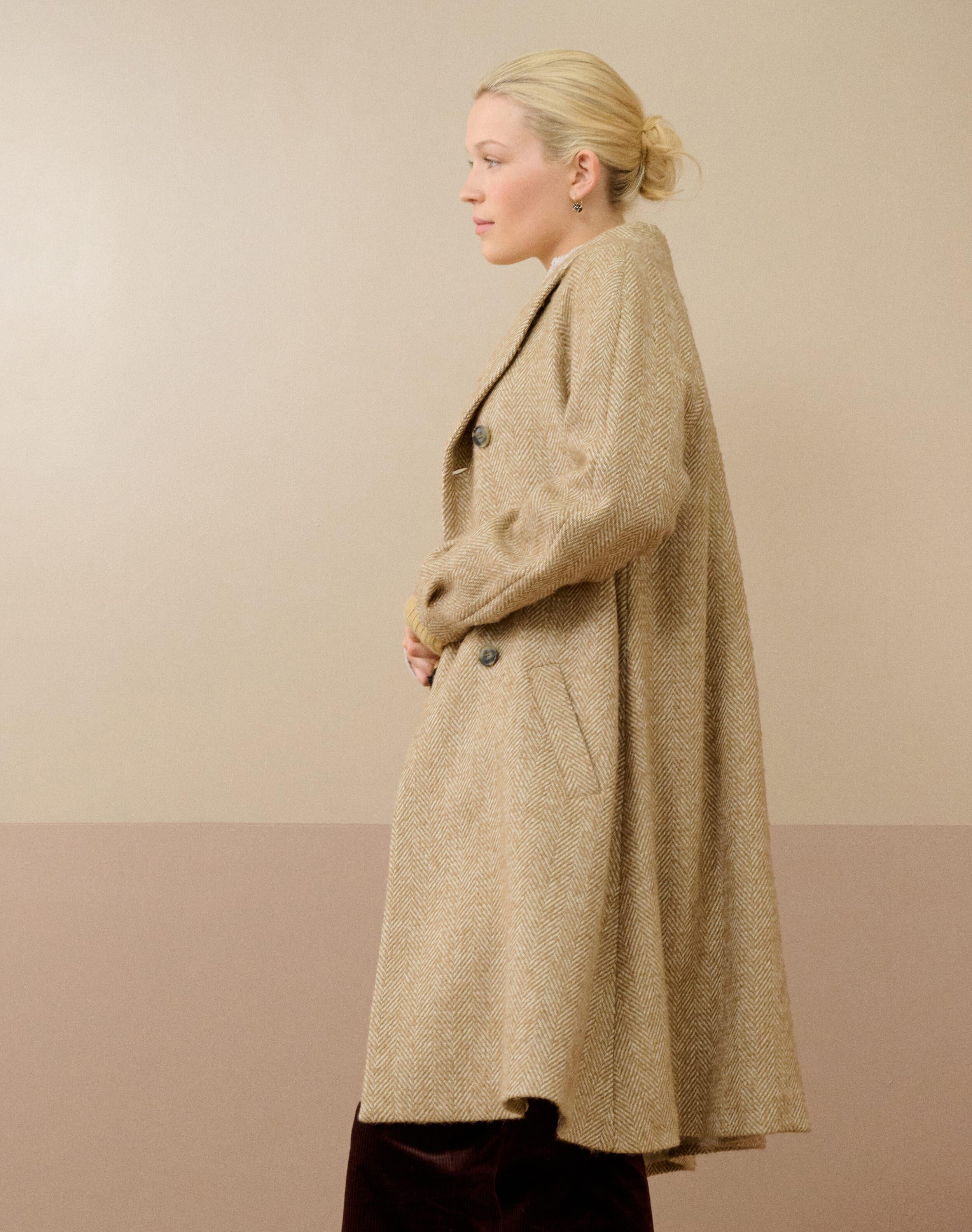Herringbone Wool Swing Coat in Oatmeal | Brora Clearance