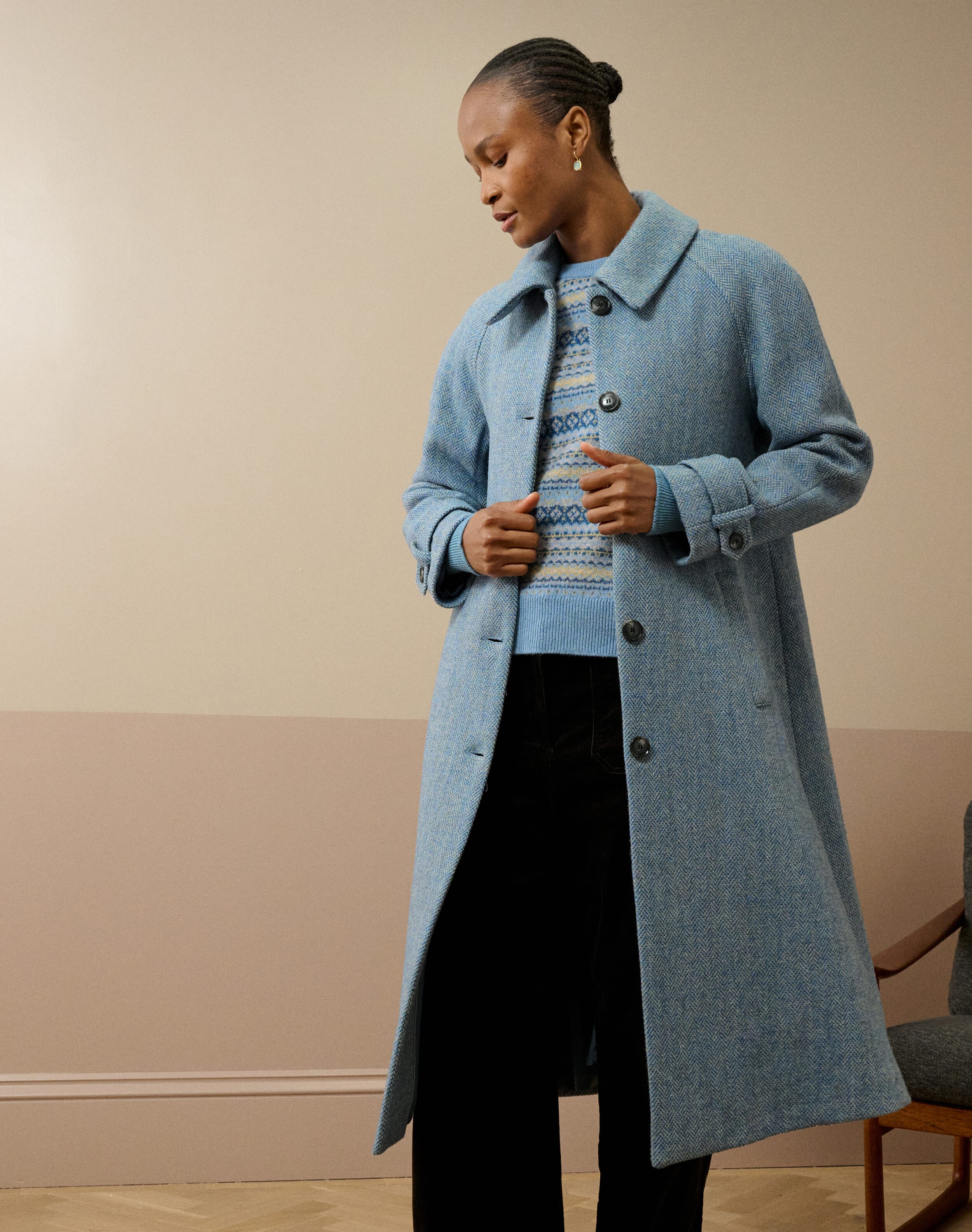 Harris Tweed Herringbone Coat in Sky | Brora Clearance