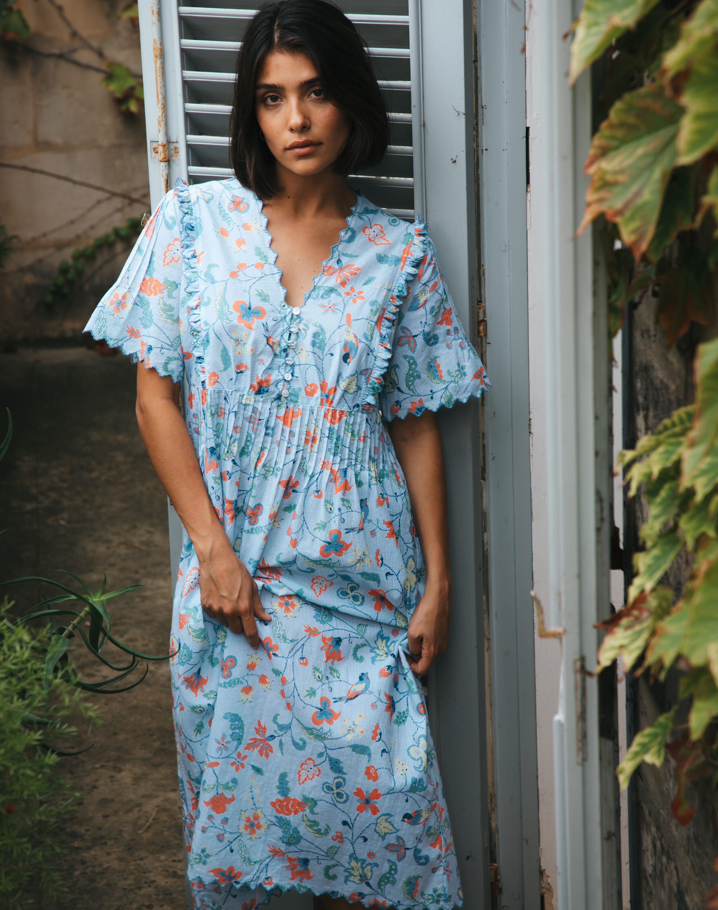 Brora Cotton Stripe Botanical Print Nighty Sky & white  - Size: 4-6