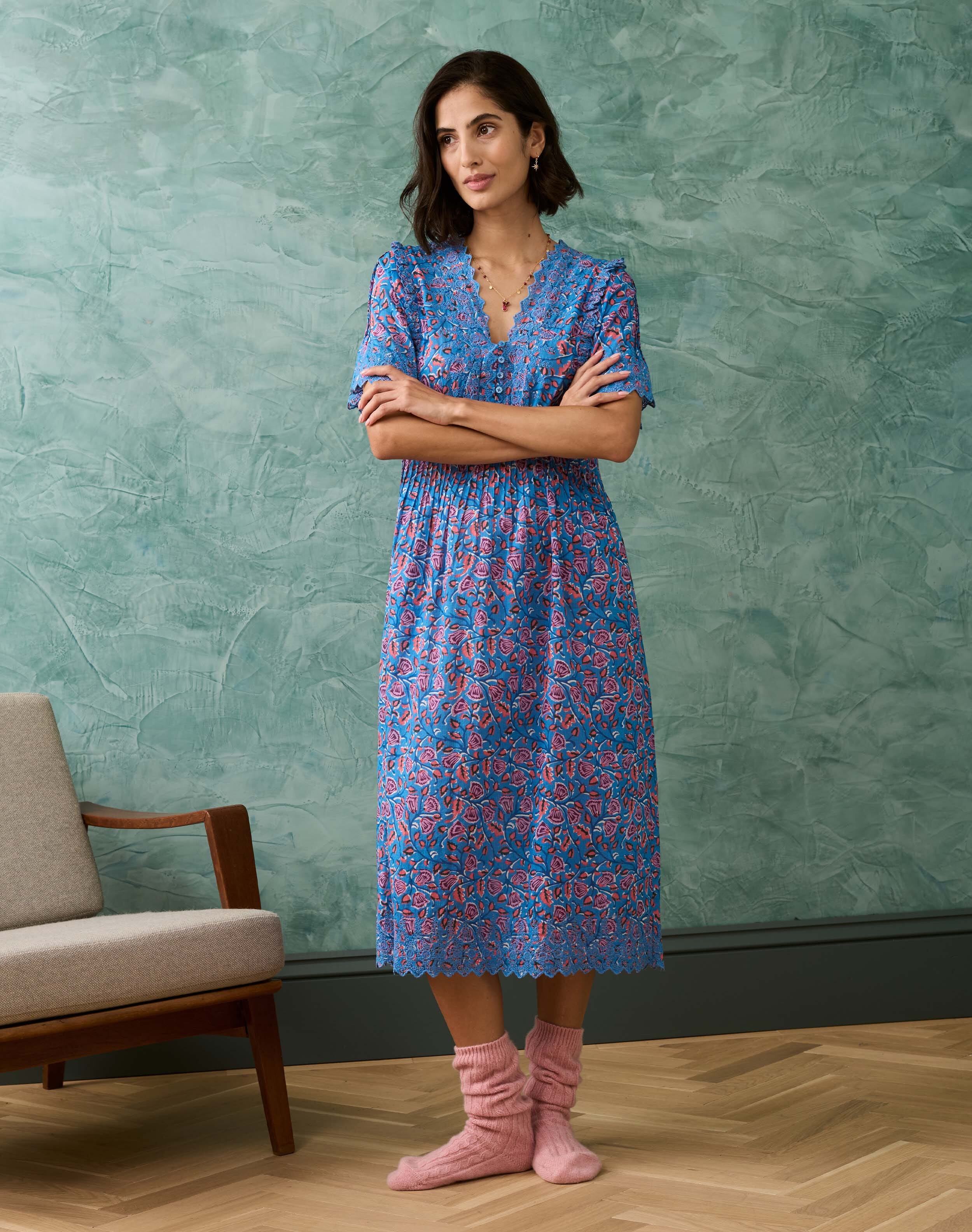 Brora Organic Cotton Block Print Nighty Sky & heather