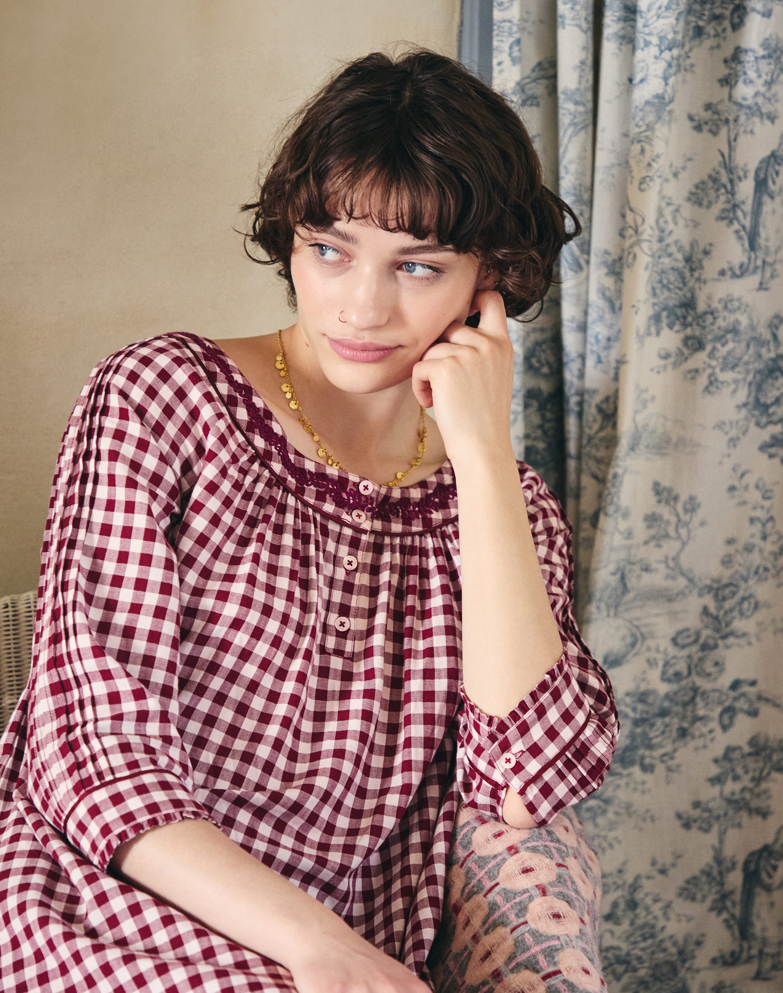 Brora Embroidered Cotton Gingham Nighty Mulberry & shell