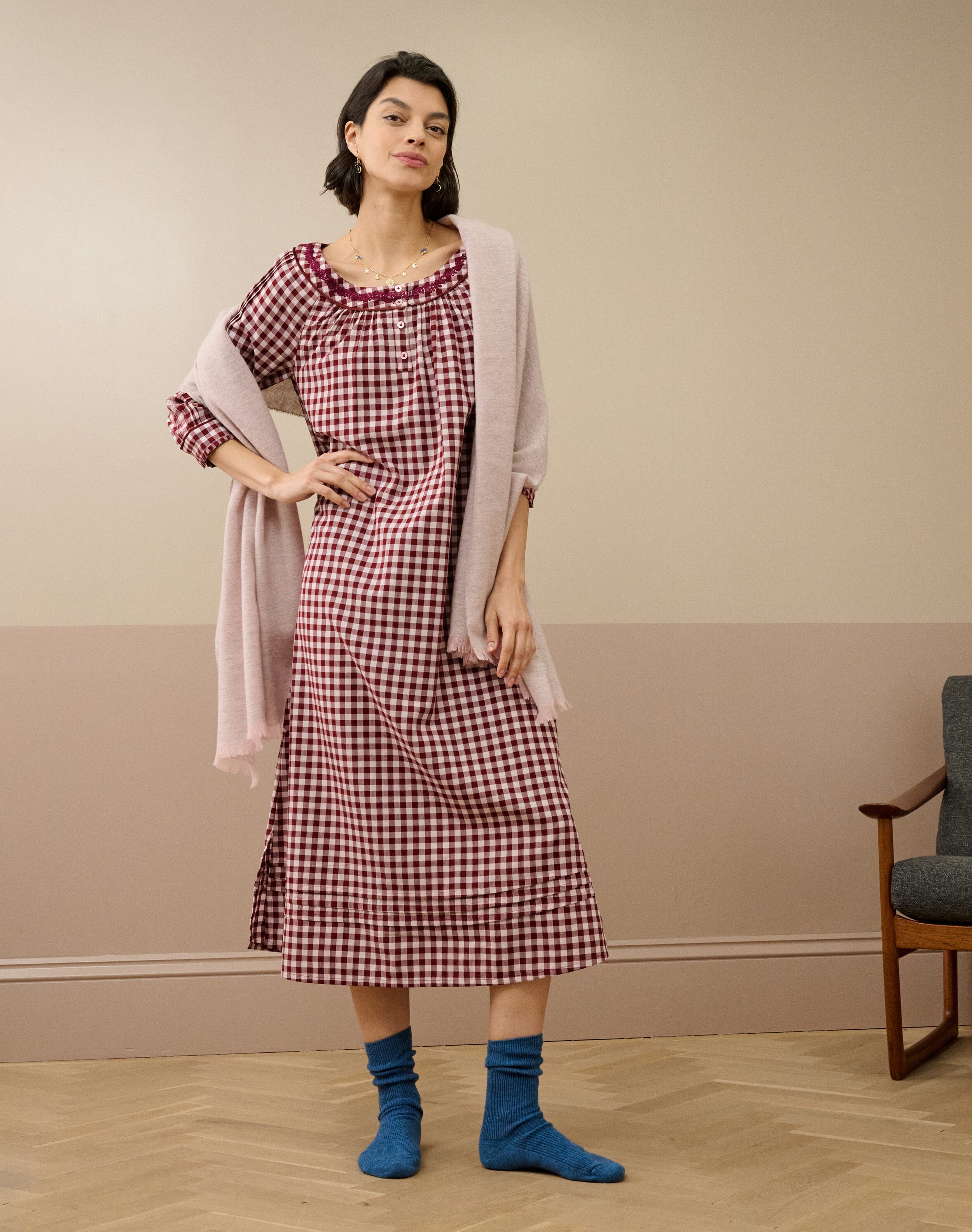 Brora Embroidered Cotton Gingham Nighty Mulberry & shell