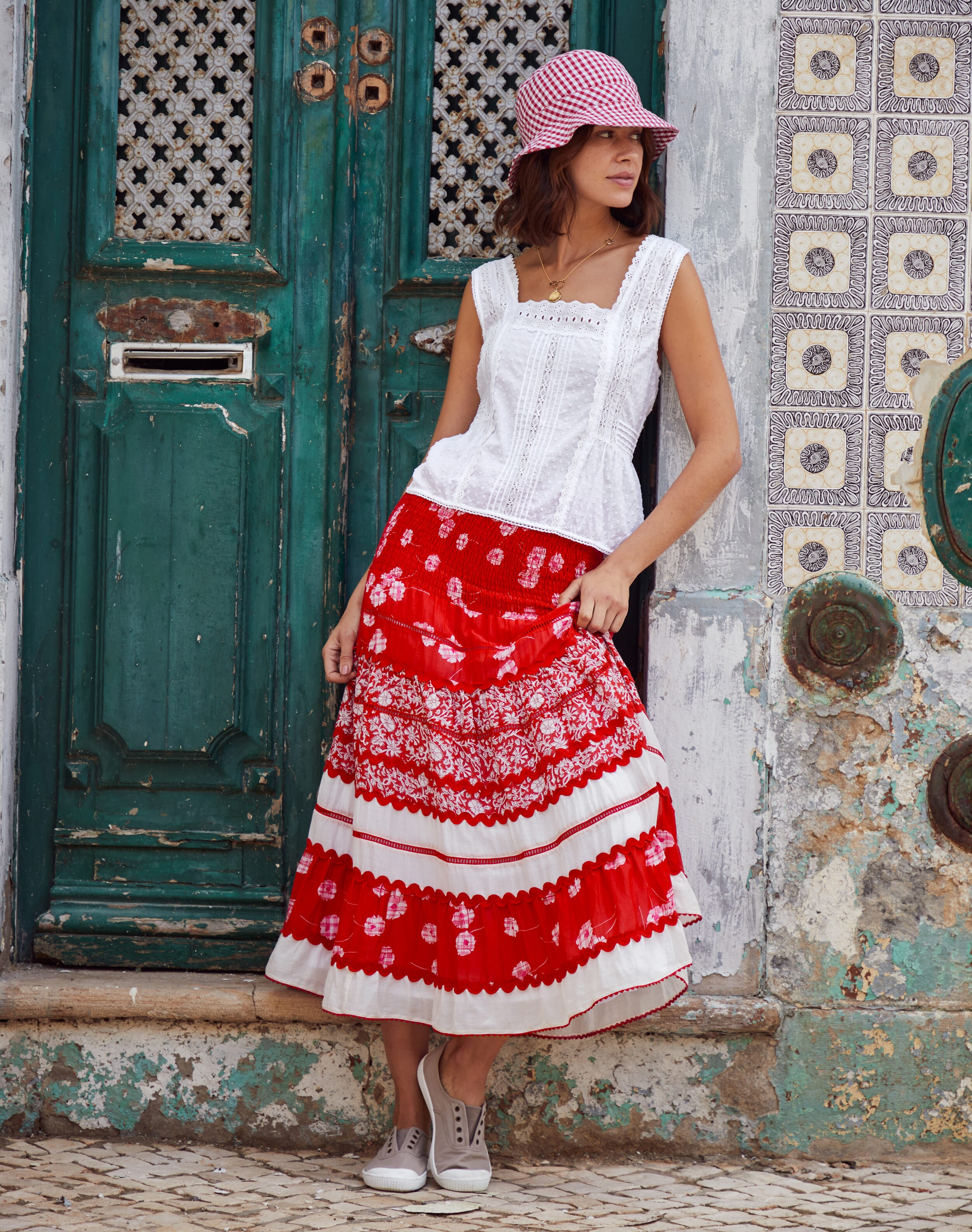 Silk Cotton Ric Rac Patchwork Skirt Crimson & White