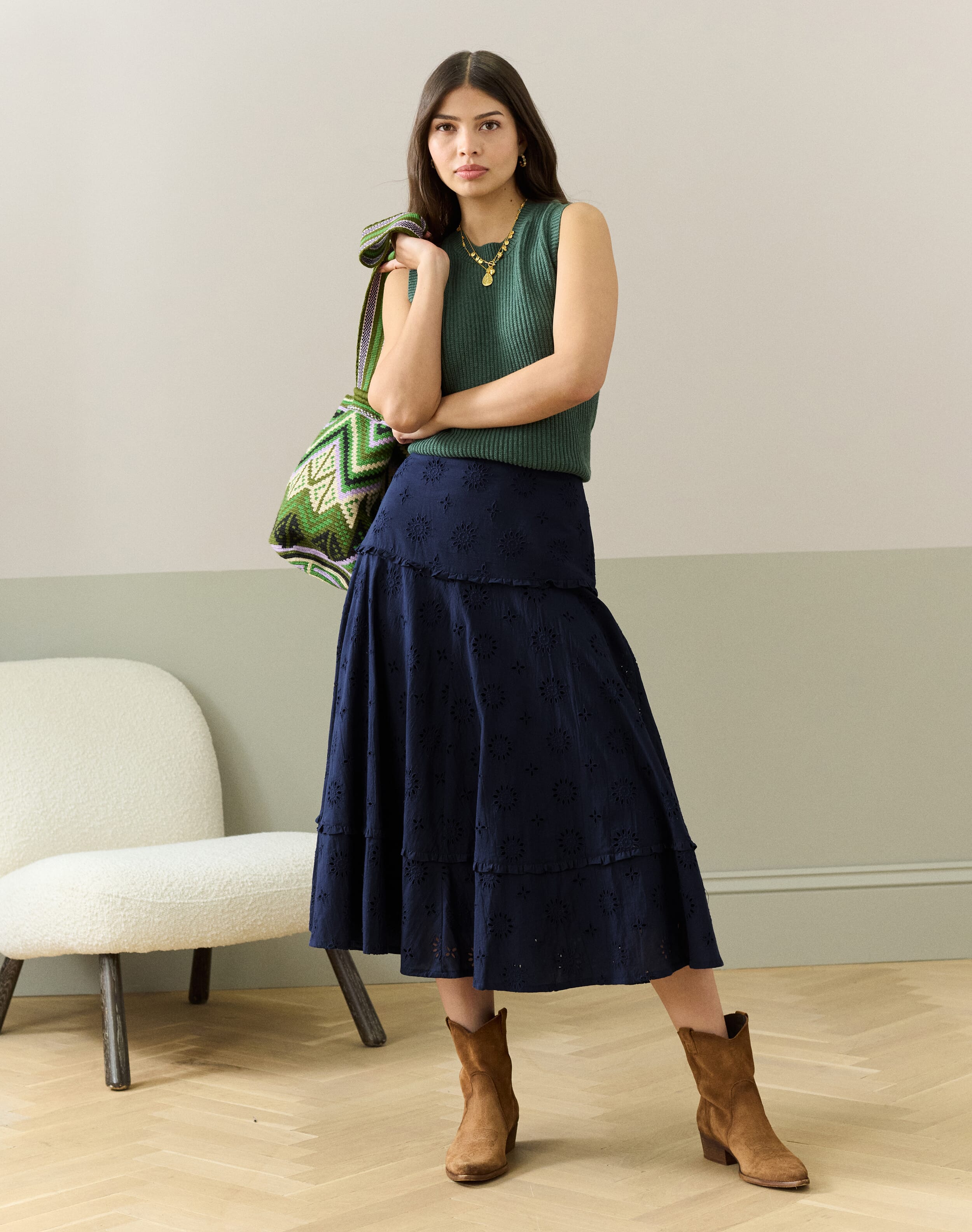 Brora Cotton Broderie Anglaise Frill Skirt