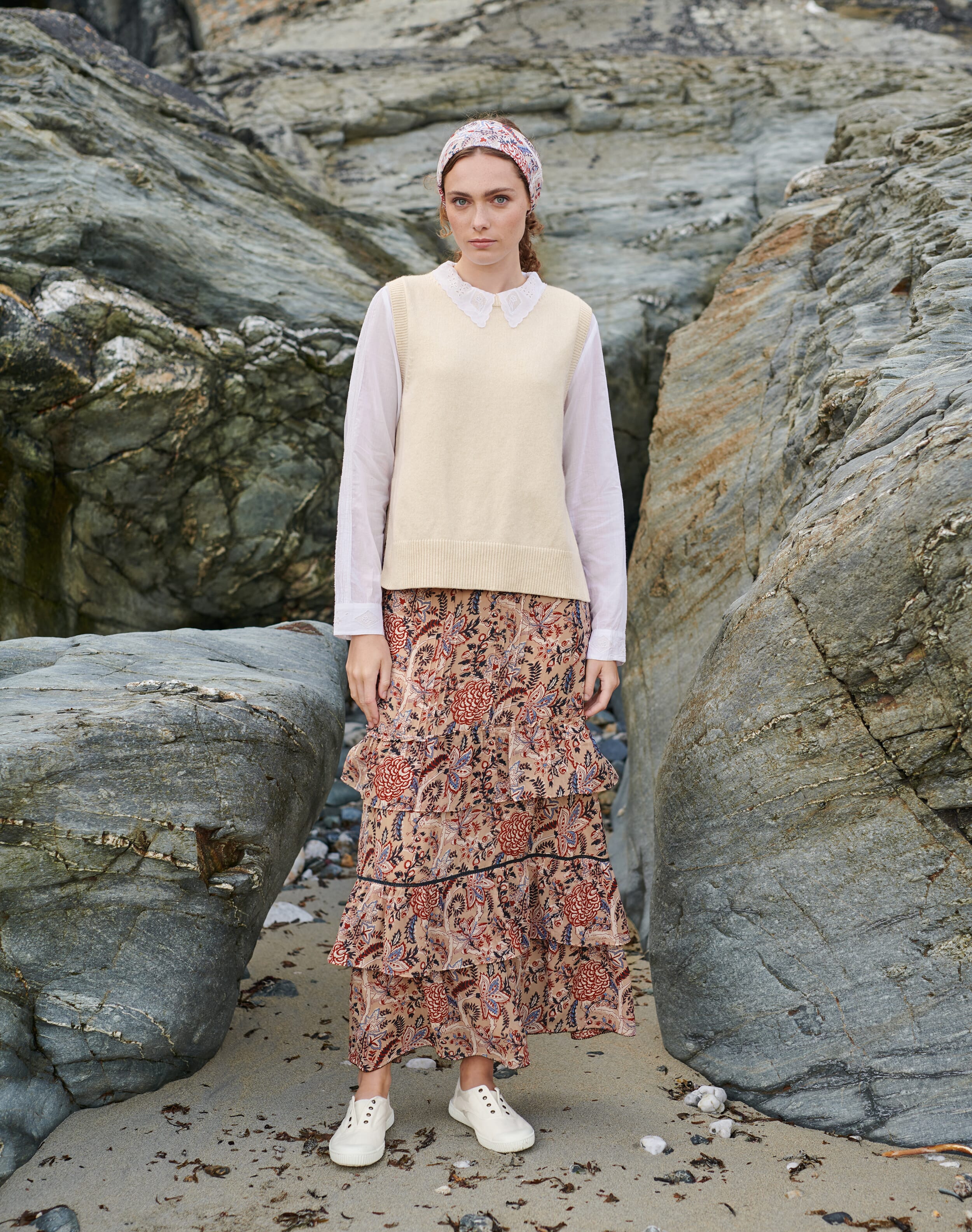 Silk Botanical Print Skirt Oyster