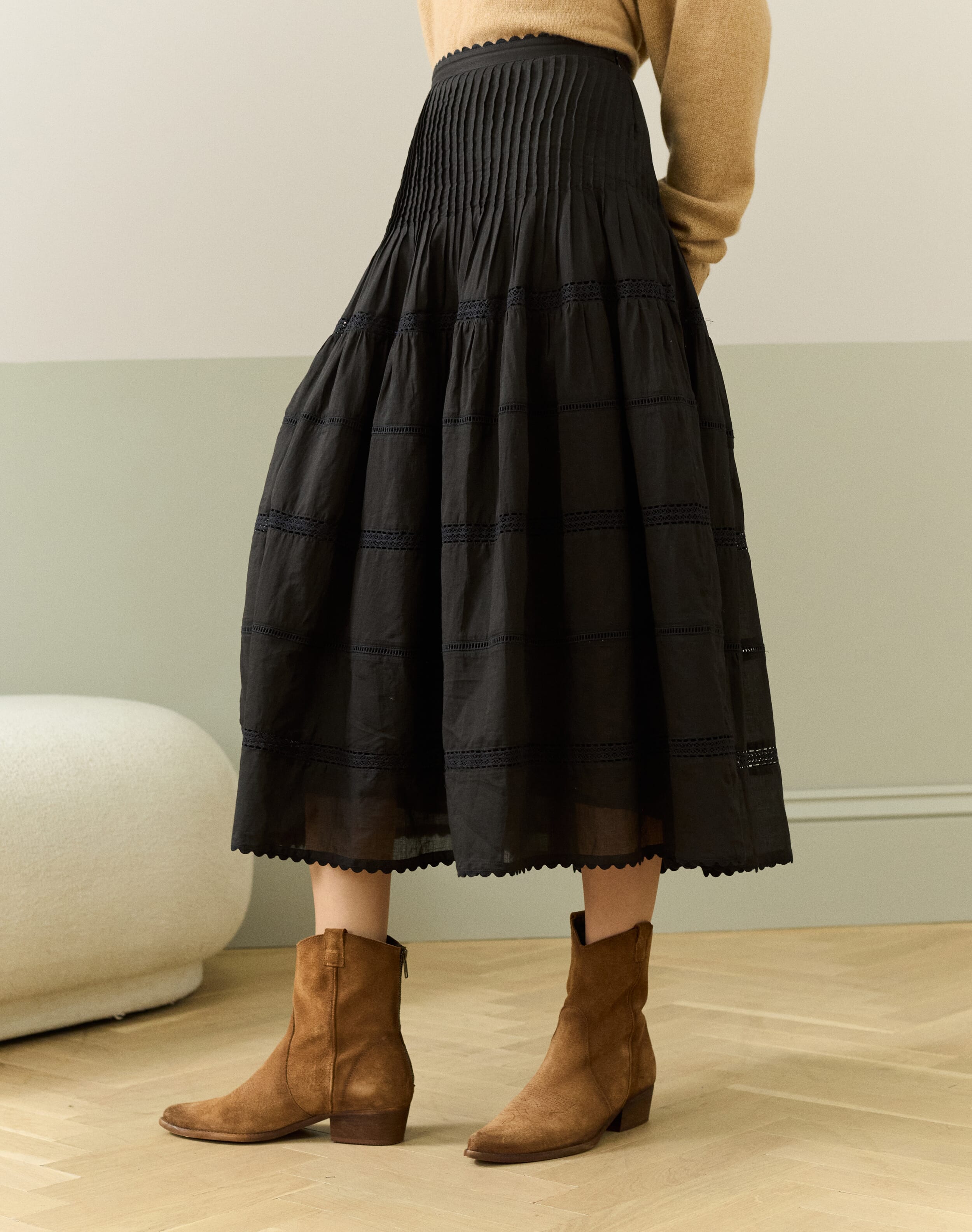 Cotton Pintuck Skirt in Black | Women's Skirts | Brora Fashion