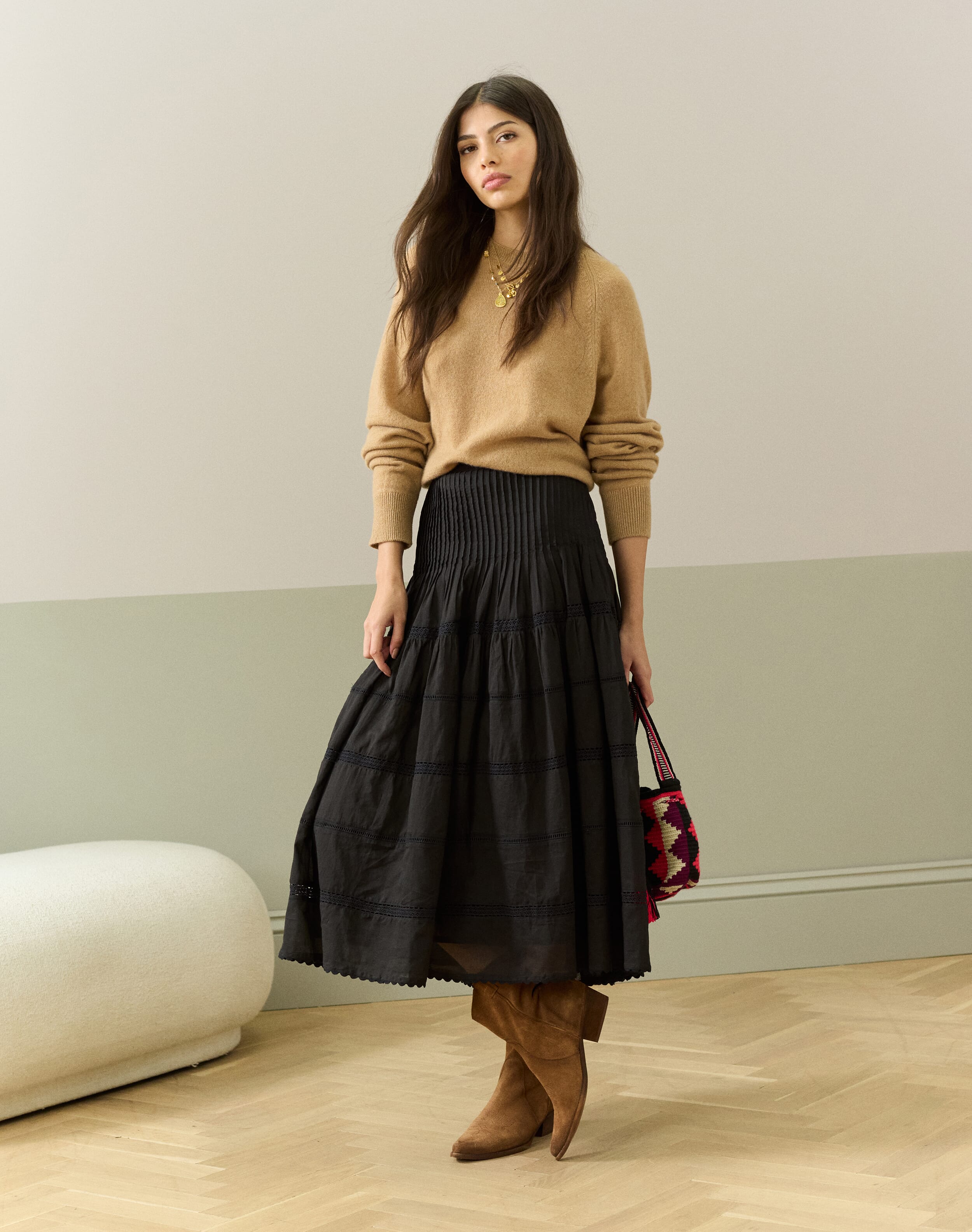 【Anyone more】Bran Pintuck Cotton Long Skirt 100% Organic Cotton Poplin Pintuck Maxi Skirt in Classic White