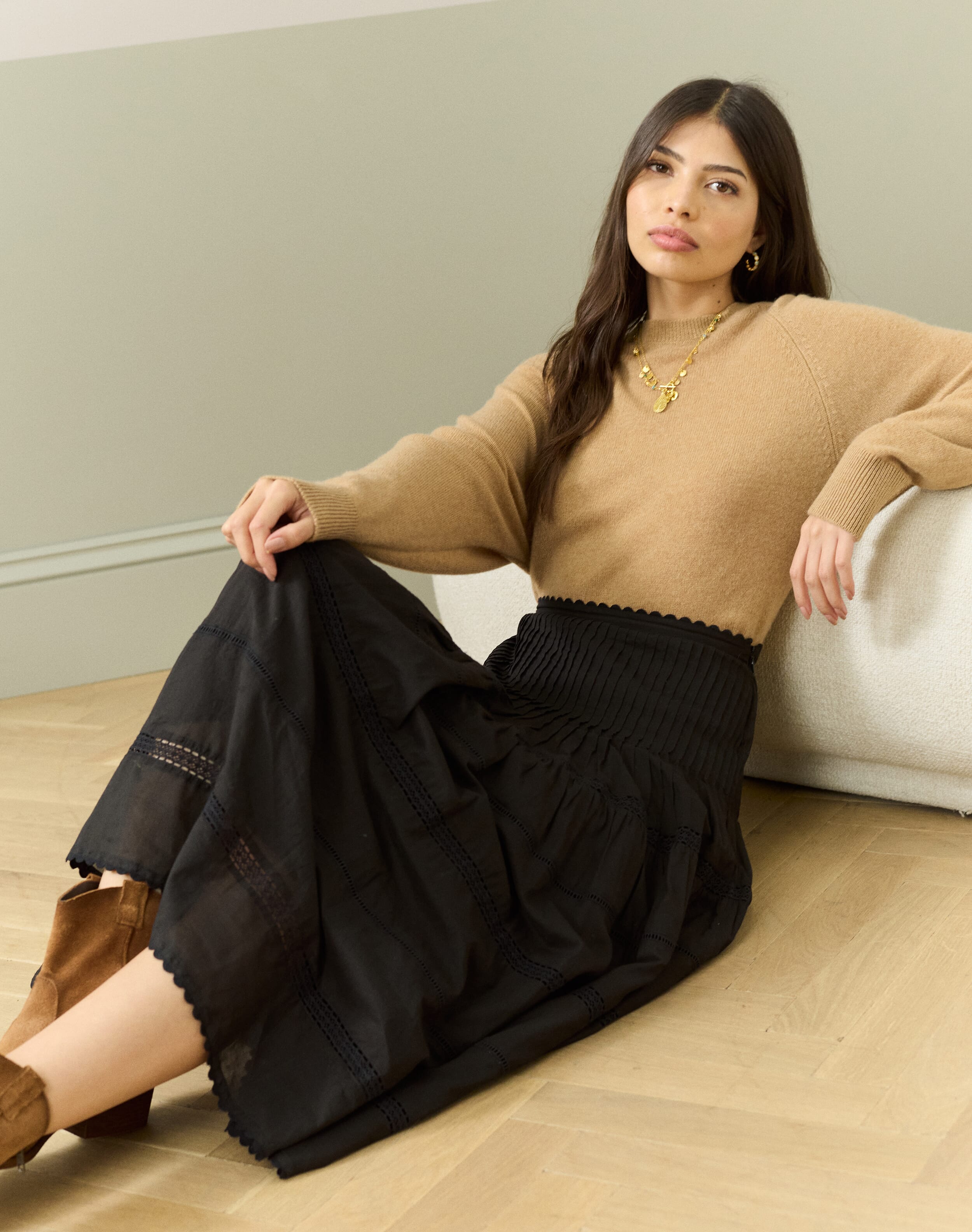 Cotton Pintuck Skirt in Black | Women's Skirts | Brora Fashion