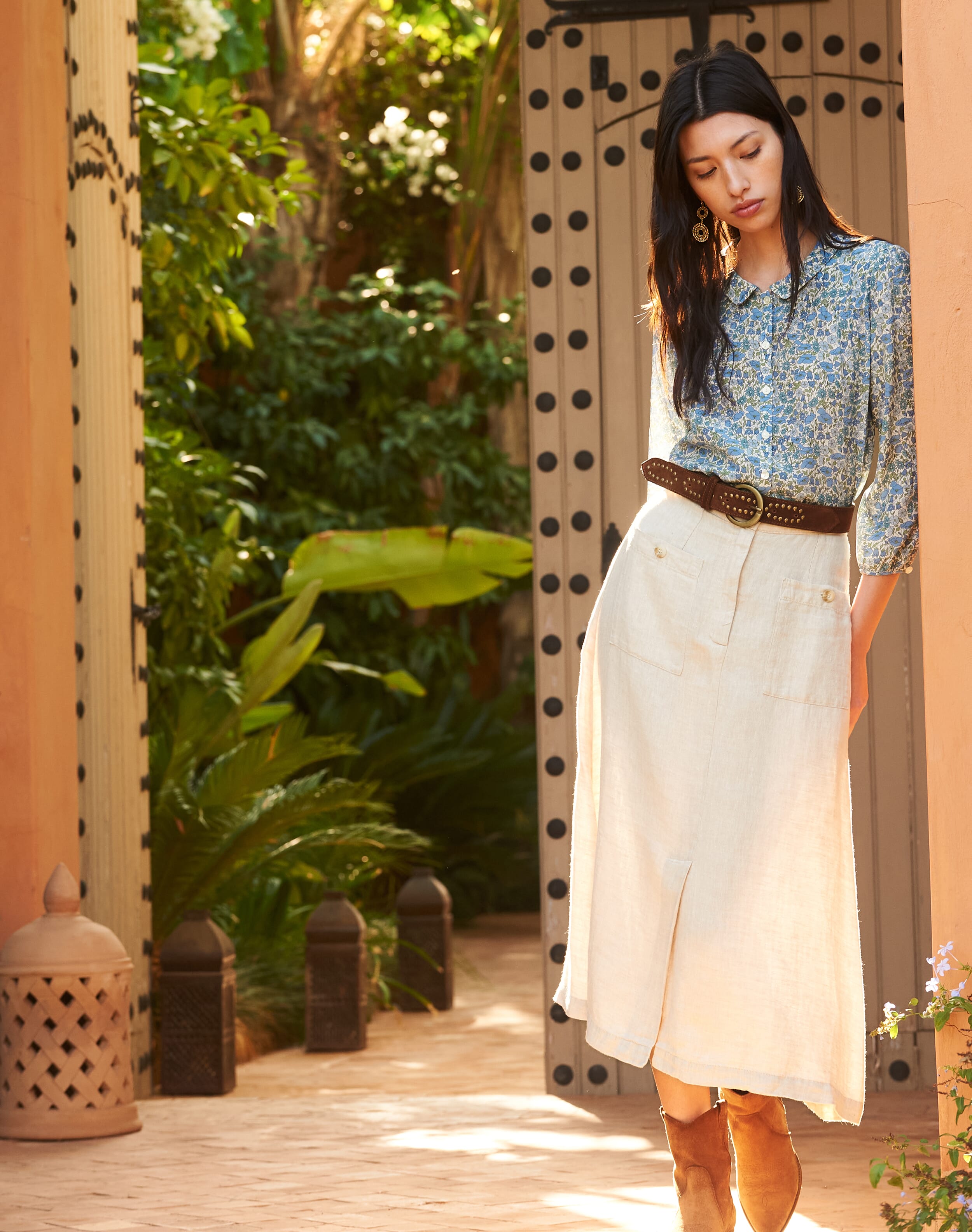 Brora Herringbone Linen Skirt Stone