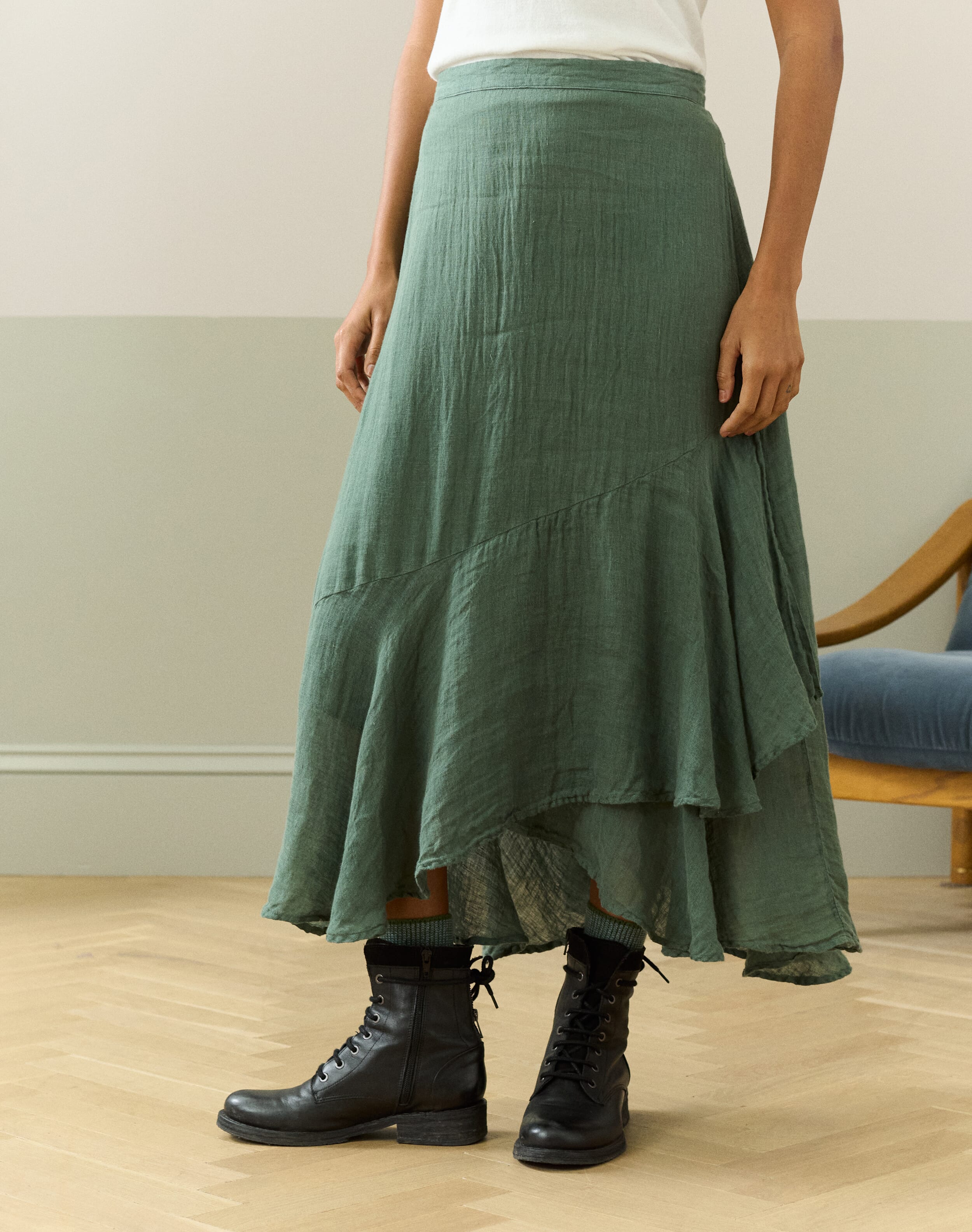 Gauzy Linen Frill Skirt in Verdigris | Women's Skirts | Brora