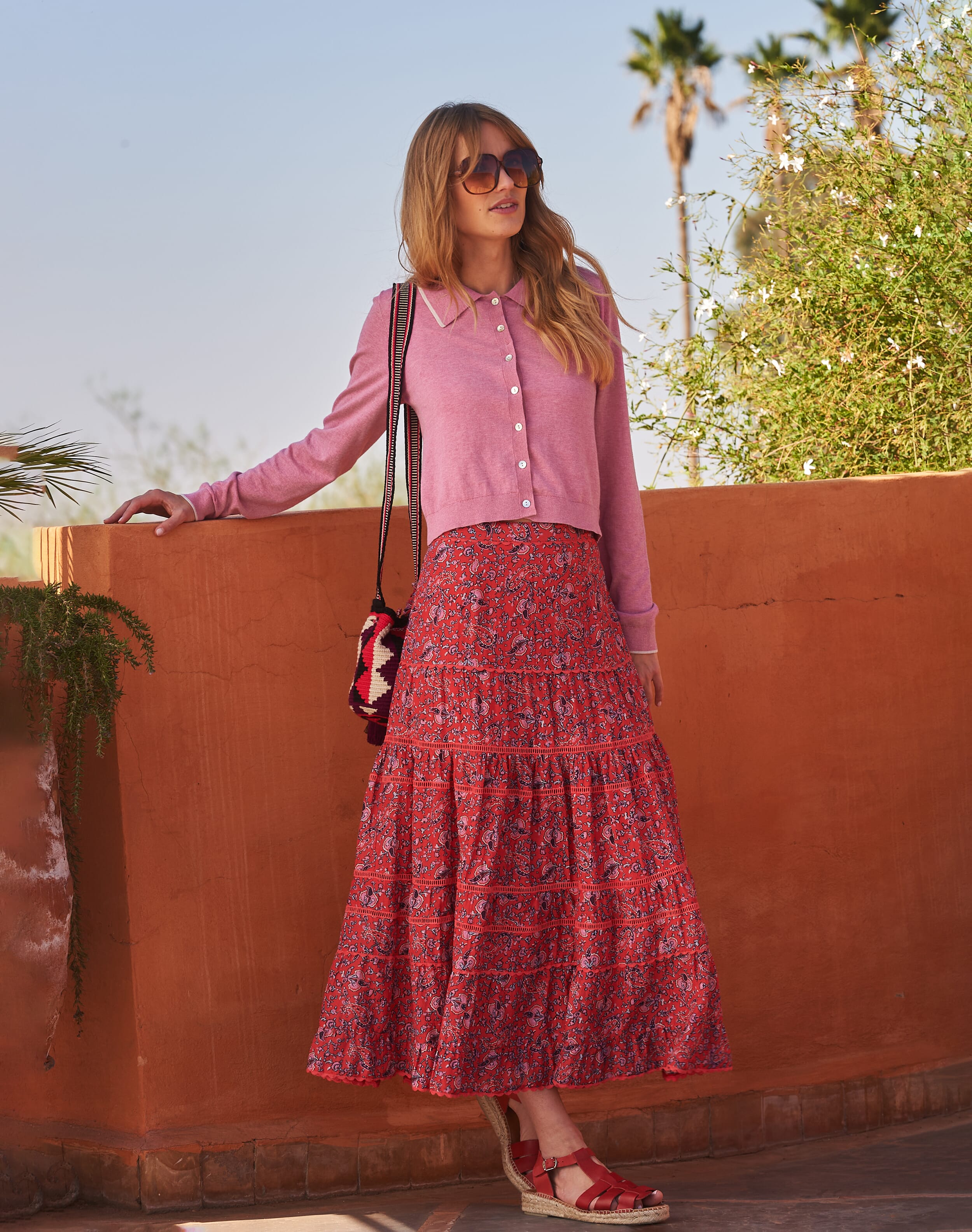 Brora Silk Cotton Tiered Skirt Geranium