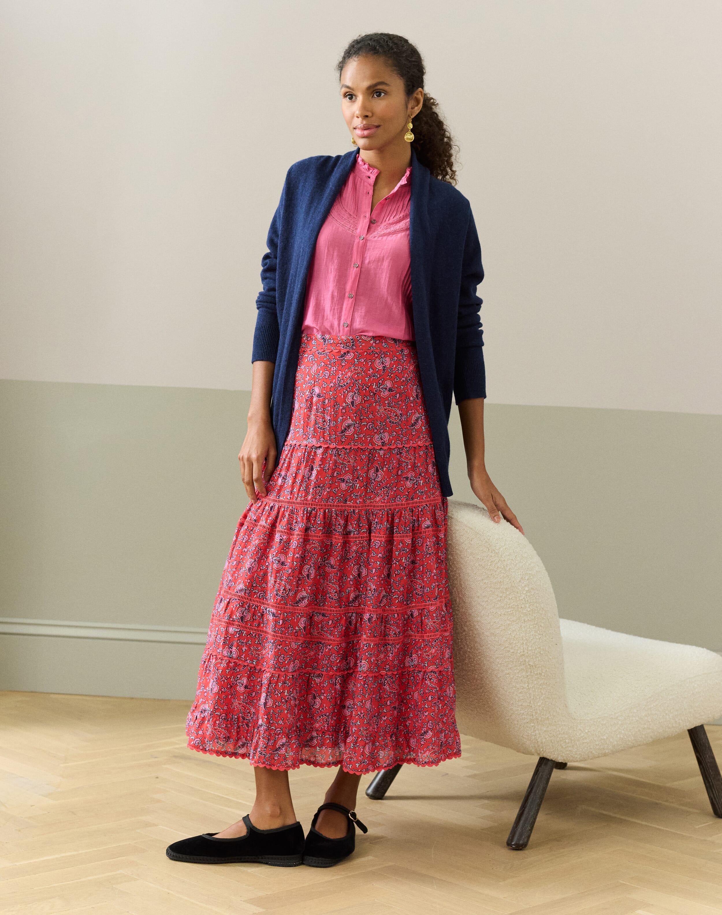 Silk Cotton Tiered Skirt in Geranium | Women's Skirts | Brora
