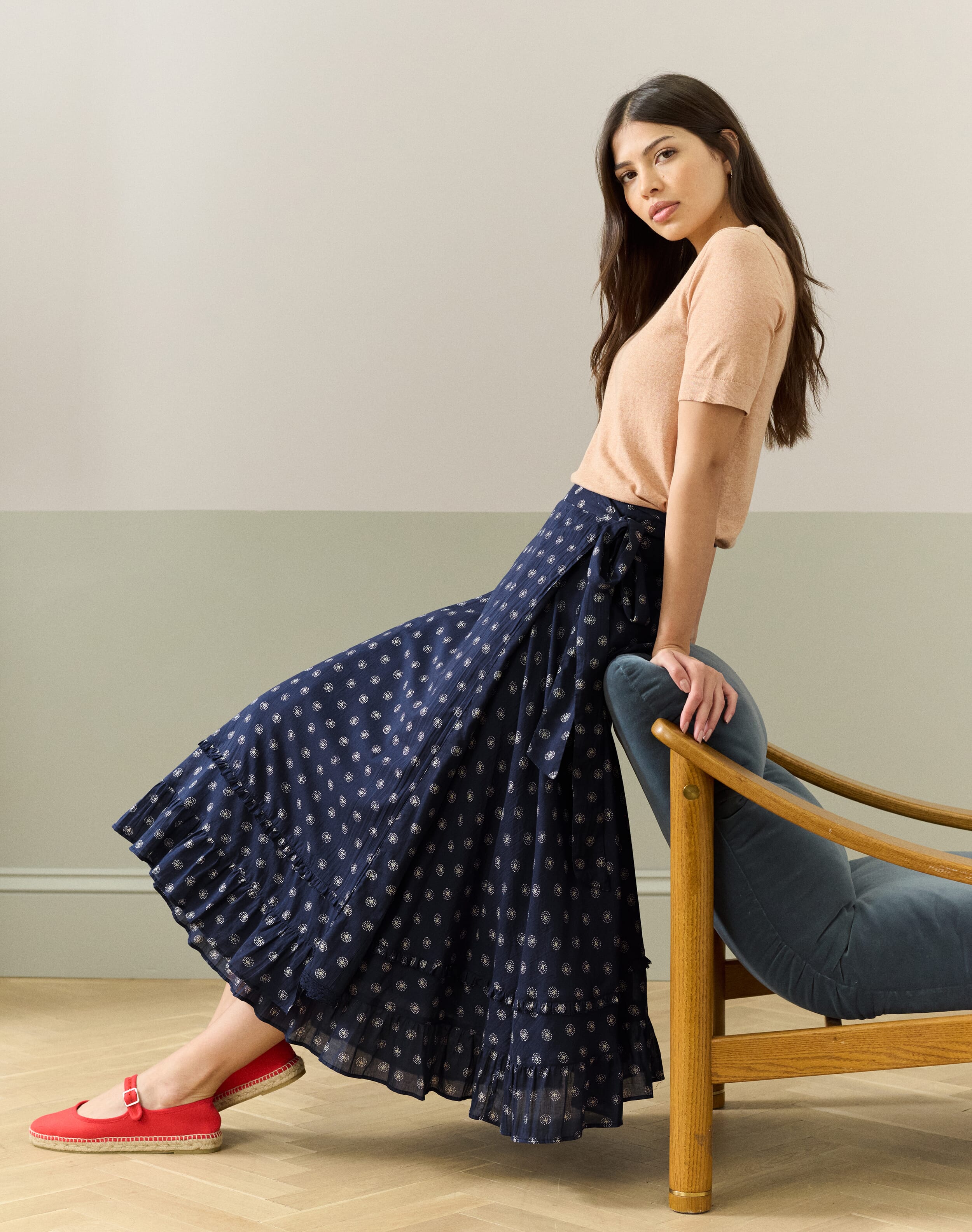Brora Organic Cotton Wrap Skirt Navy & ecru