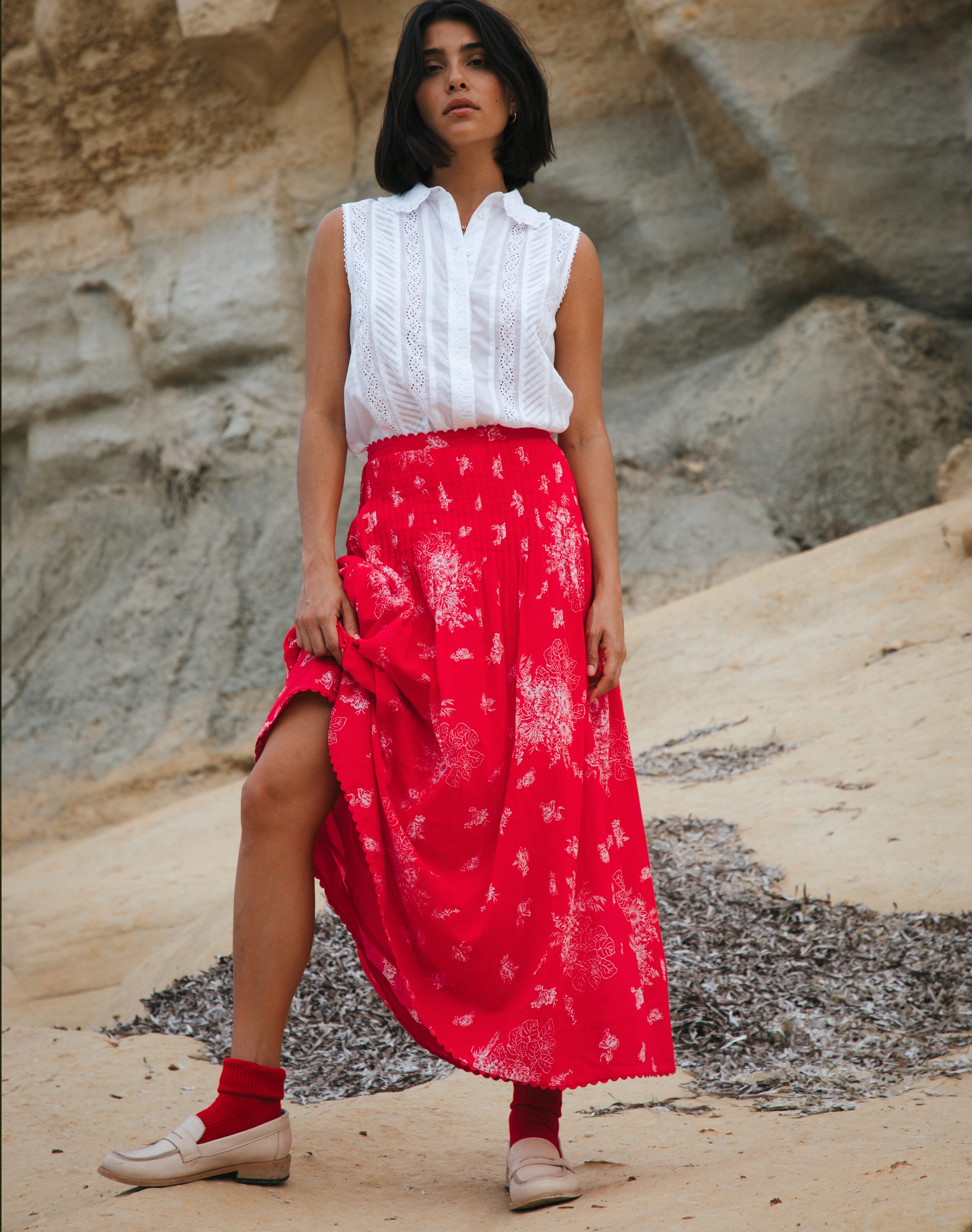 Brora Organic Cotton Maxi Skirt Poppy & white