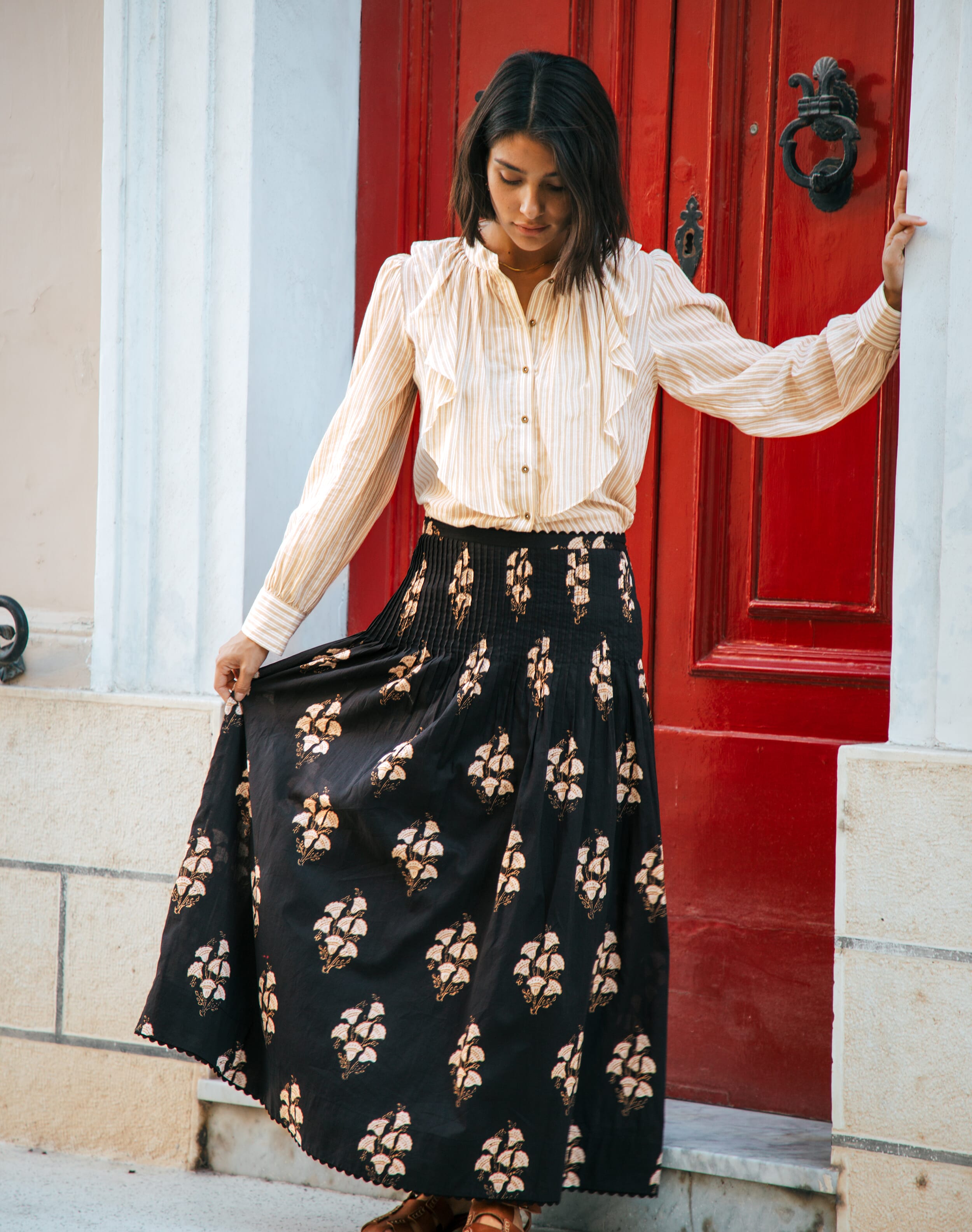Brora Organic Cotton Maxi Skirt Black & Caramel  - Size: 14