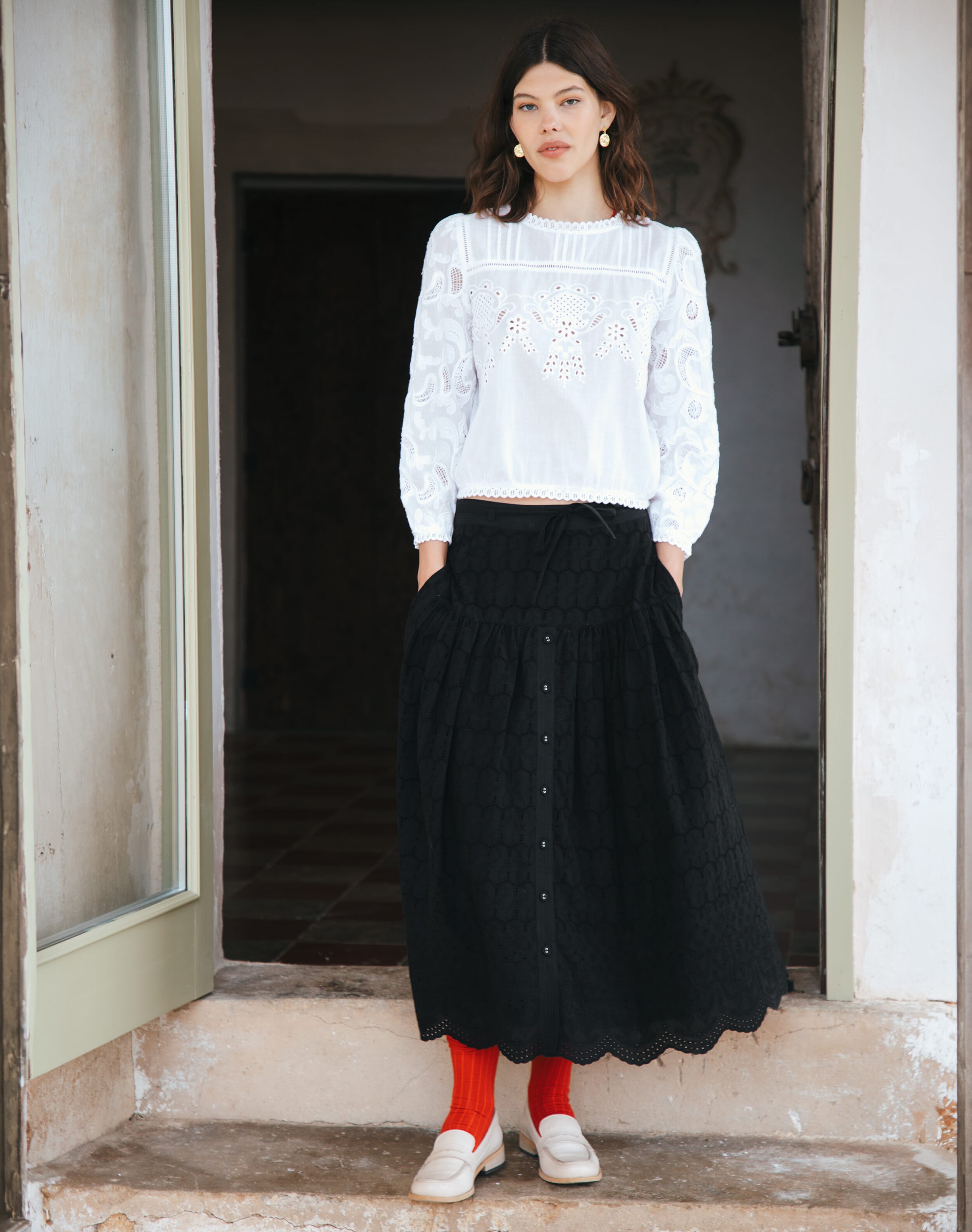 Brora Organic Cotton Broderie Anglaise Skirt Black