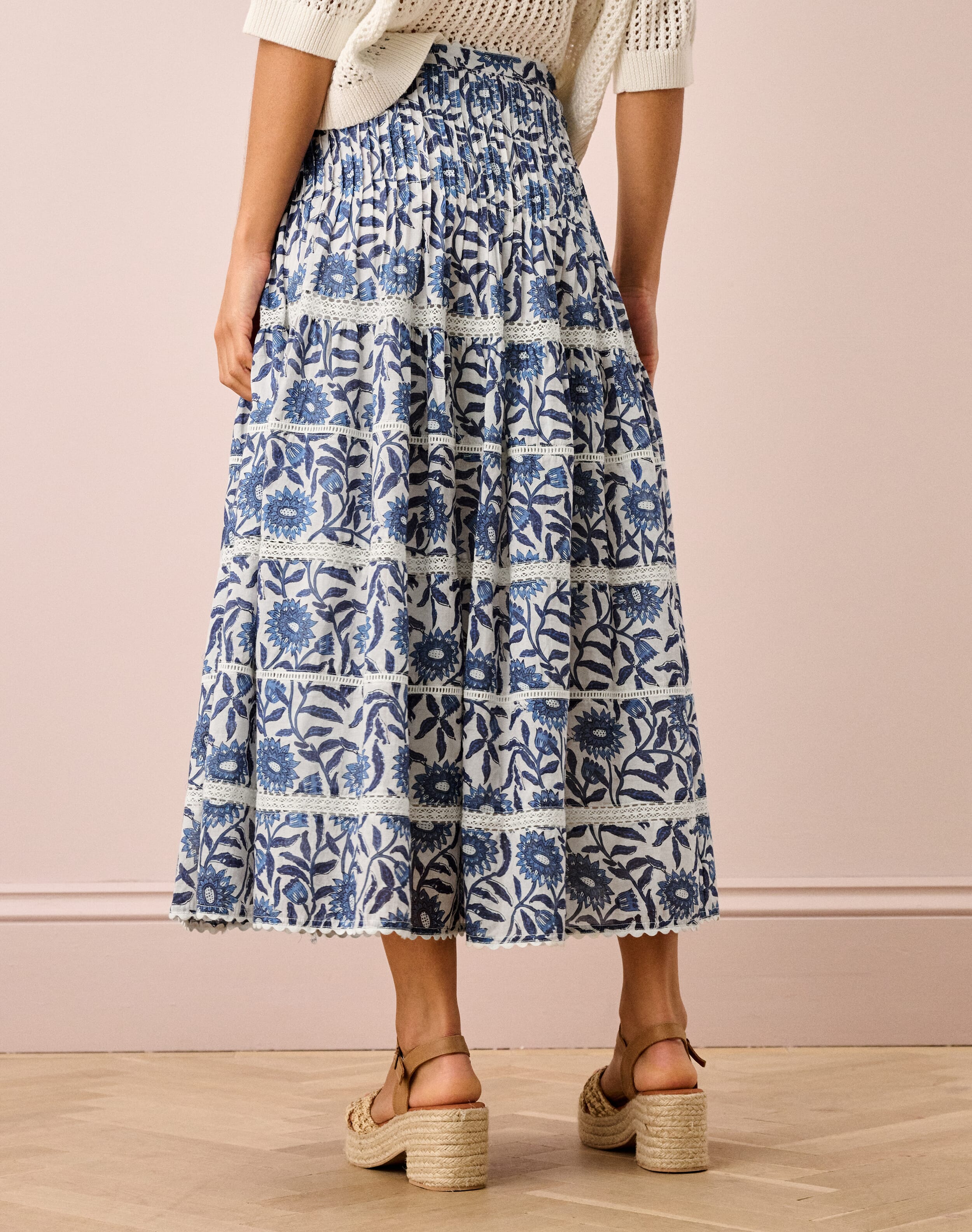 Organic Cotton Block Print Skirt in Indigo | Brora Sale