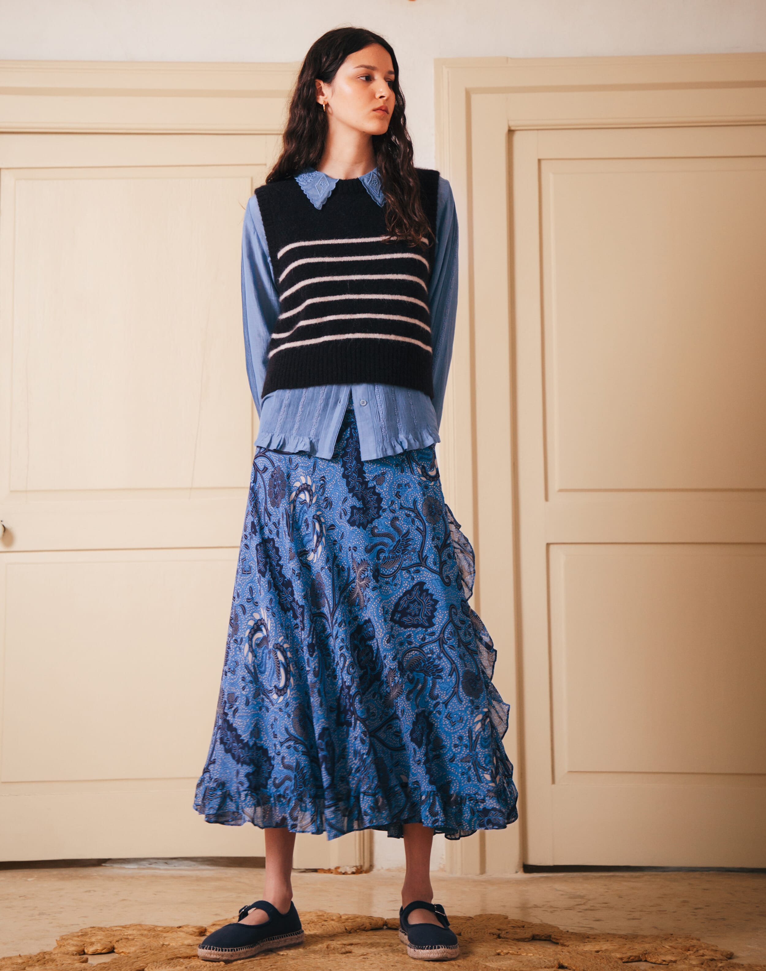 Brora Silk Frill Wrap Skirt Cornflower & navy