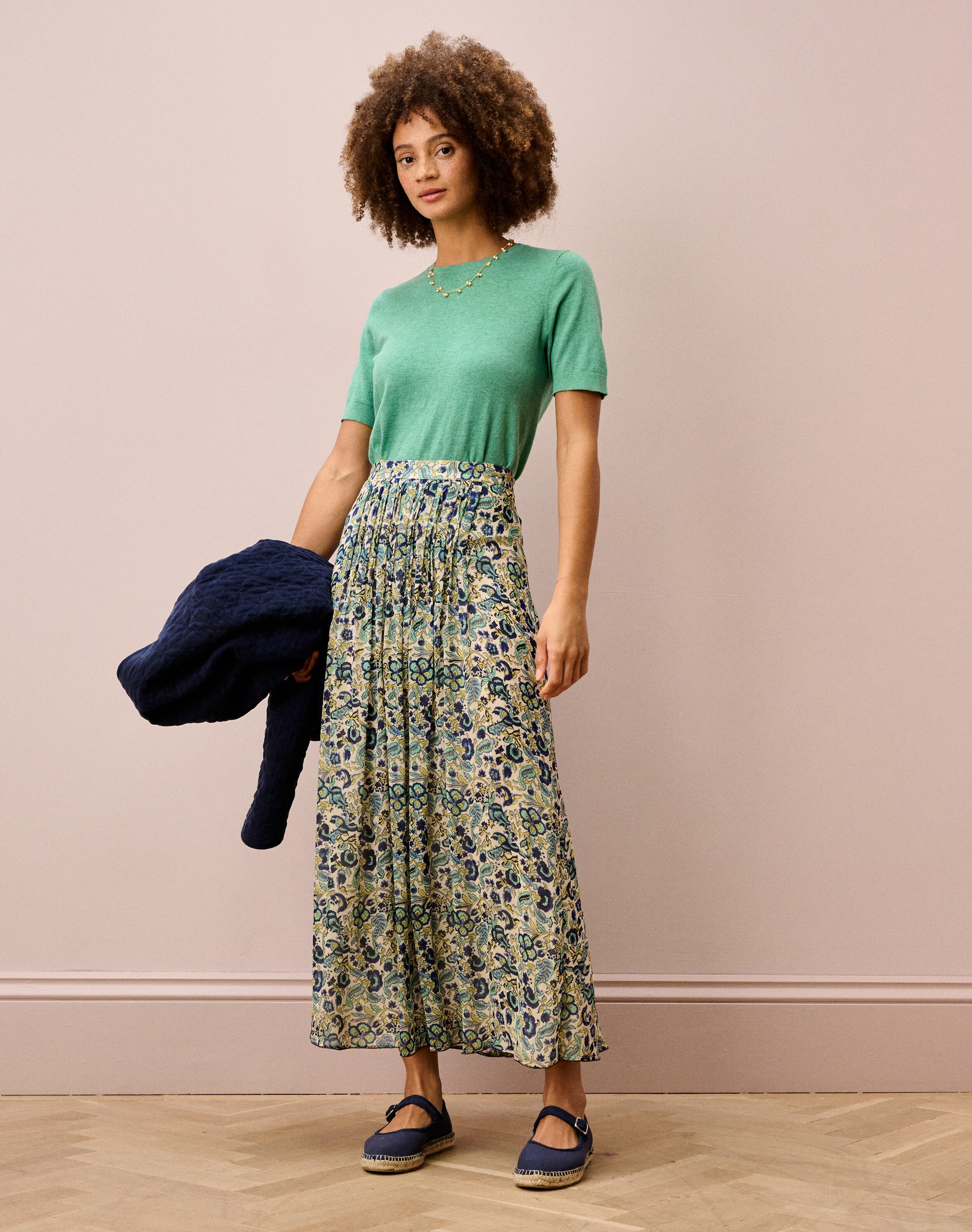 Brora Silk Pintuck Skirt Oyster & indigo