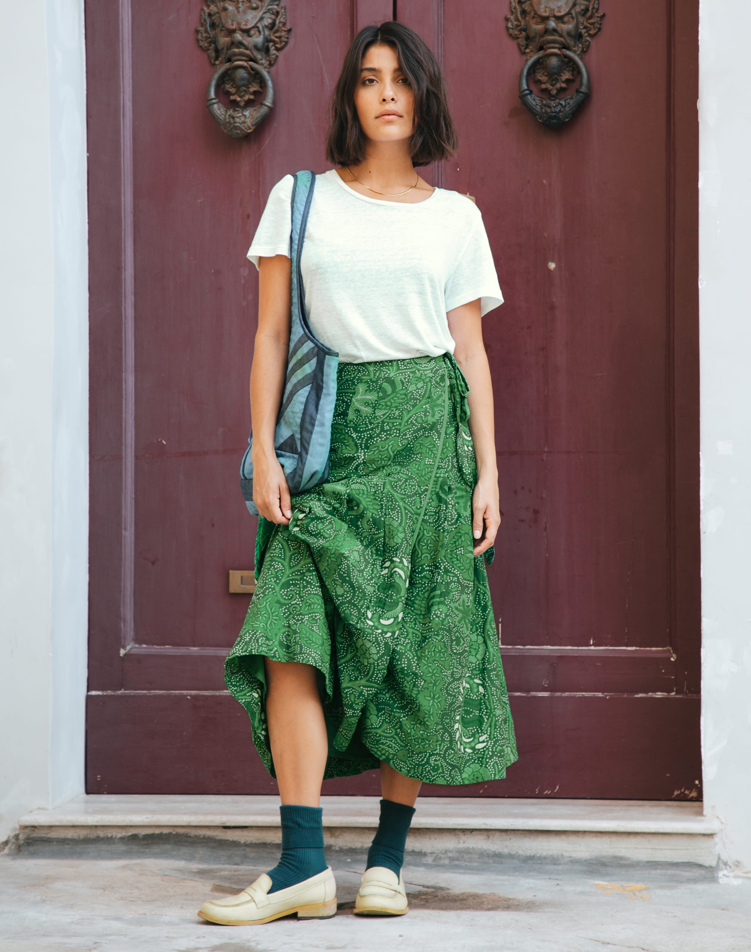 Brora Silk Cotton Pleated Wrap Skirt Leaf green  - Size: 12-14