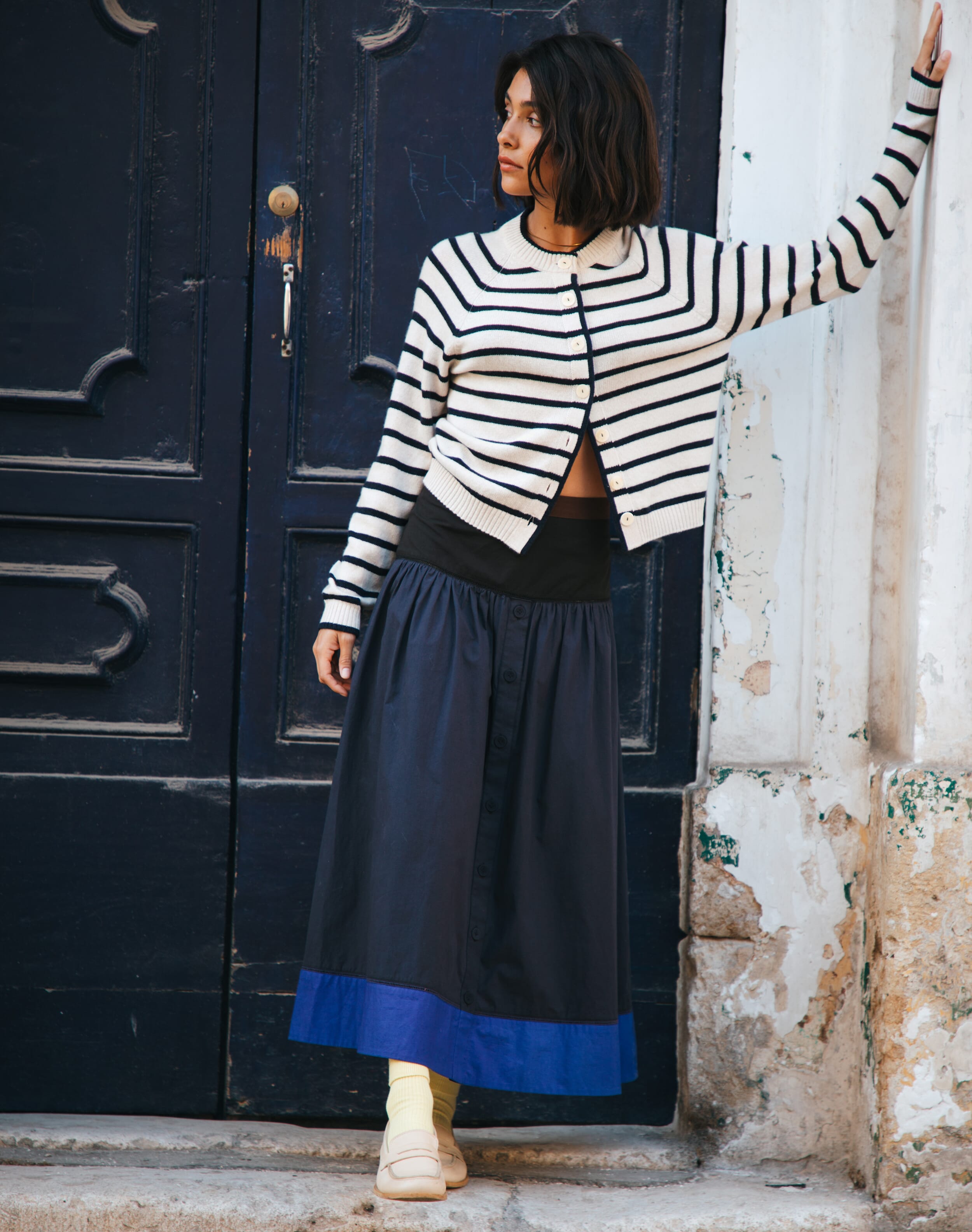 Brora Cotton Poplin Colour Block Skirt Navy  - Size: 14