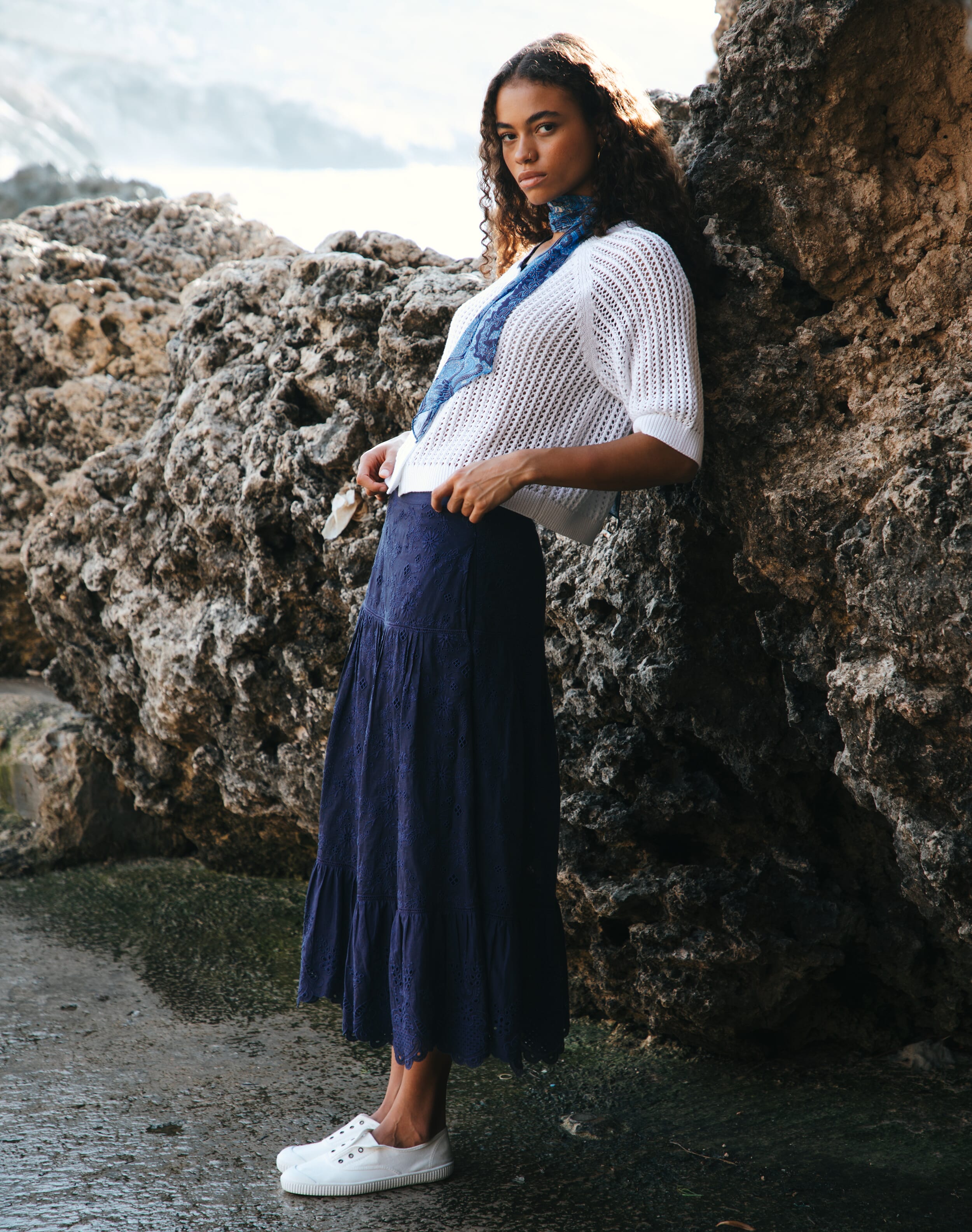 Brora Cotton Broderie Anglaise Skirt Navy  - Size: 14