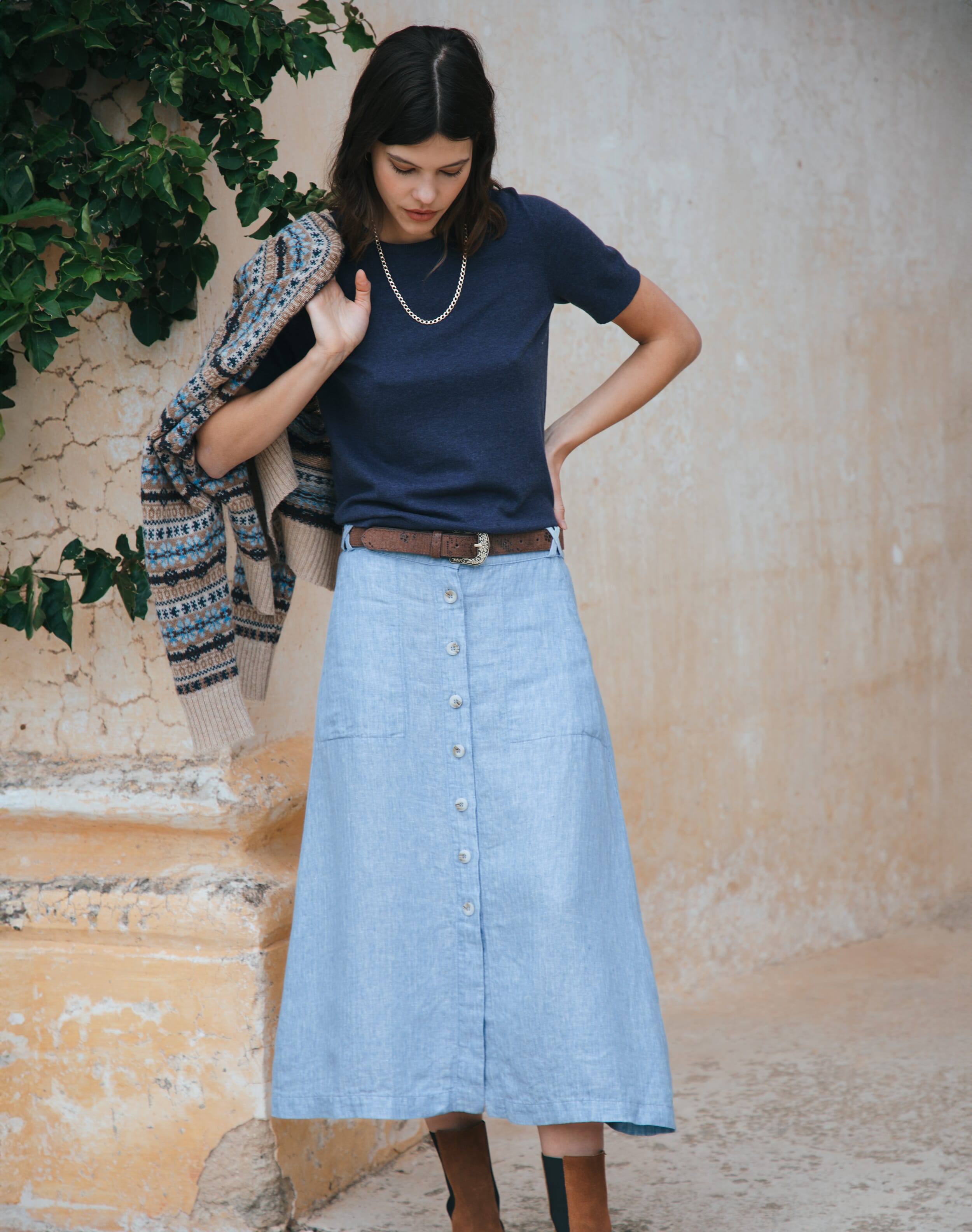 Herringbone Linen Button Through Skirt in Porcelain | Brora Sale