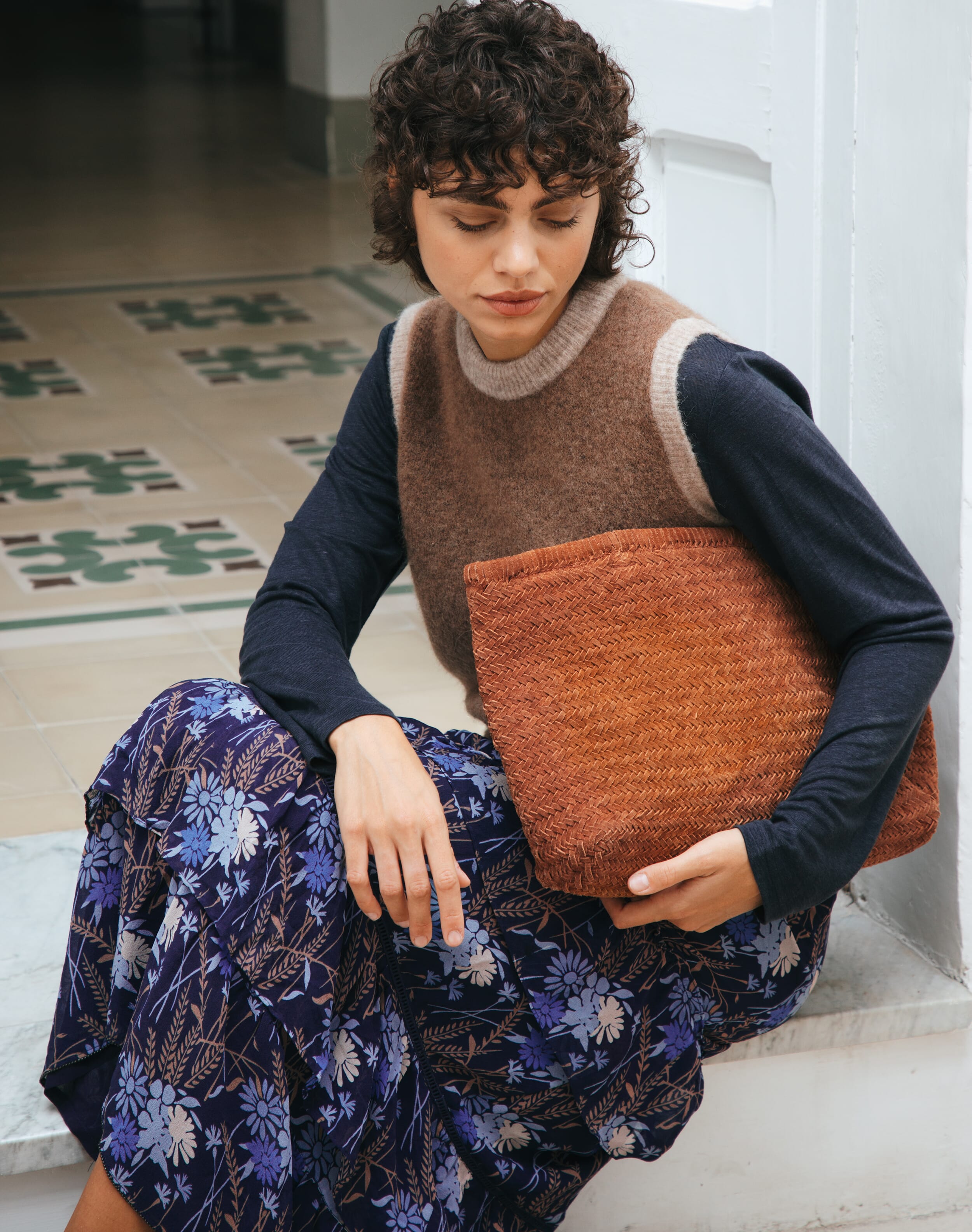 Brora Silk Floral Print Skirt Navy
