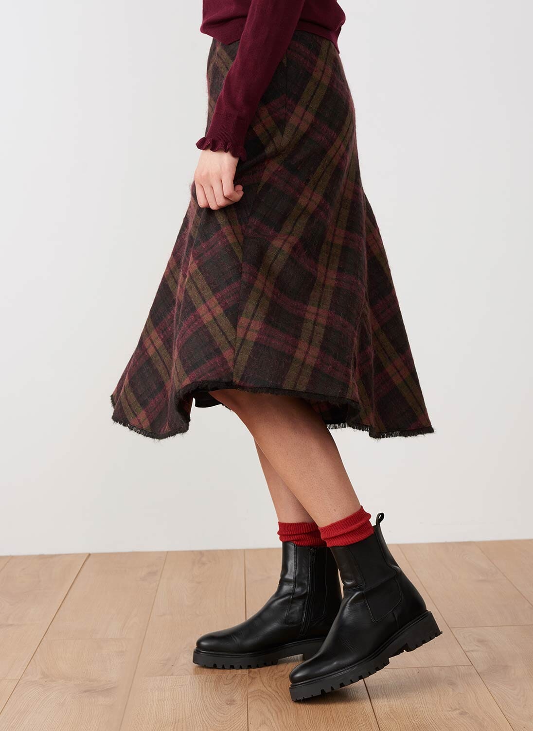 Carbon & Claret Scottish Mohair Wool Checked Skirt | Midi & Maxi | Brora