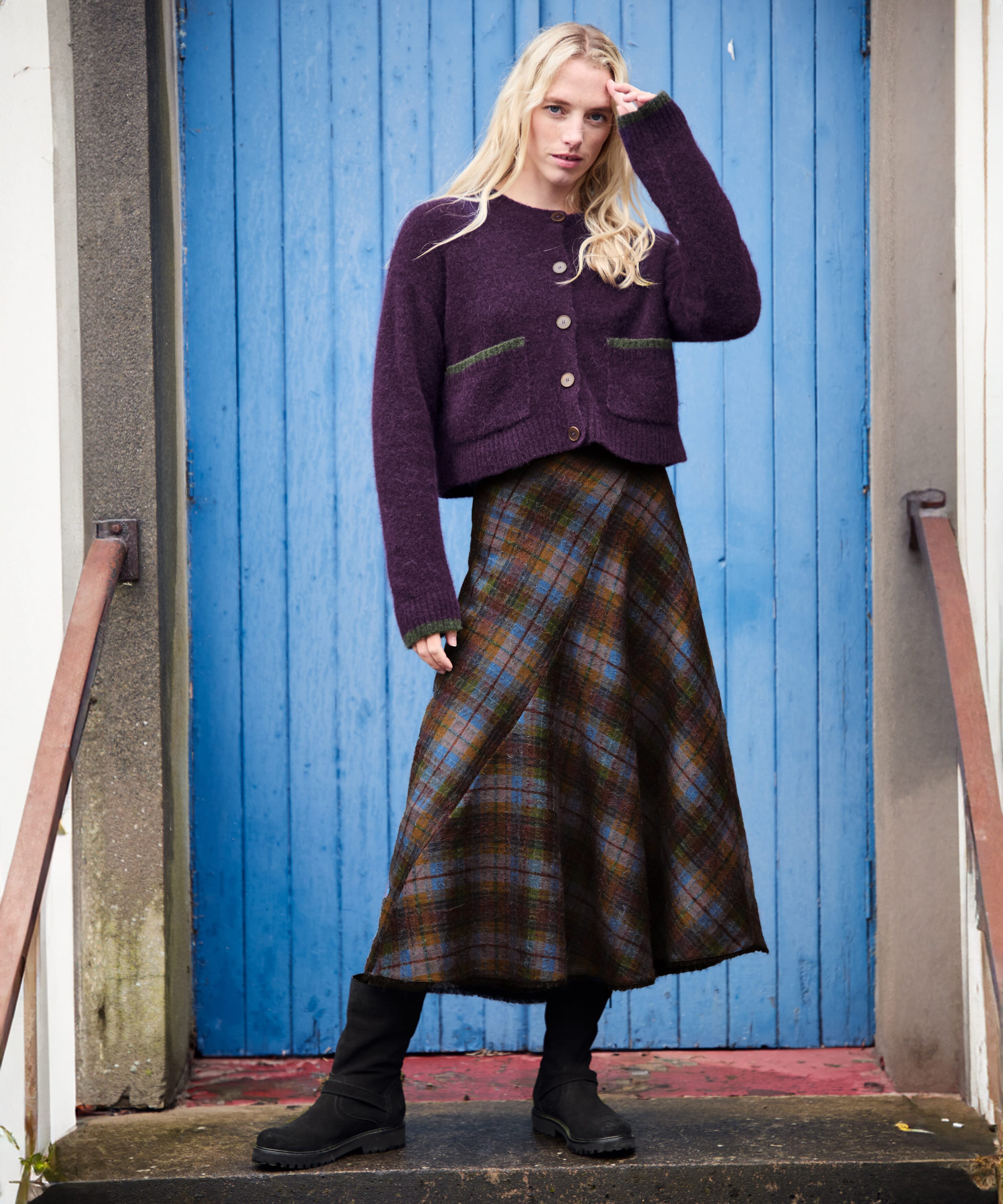 Brora Scottish Mohair Wool Plaid Skirt Delft henna