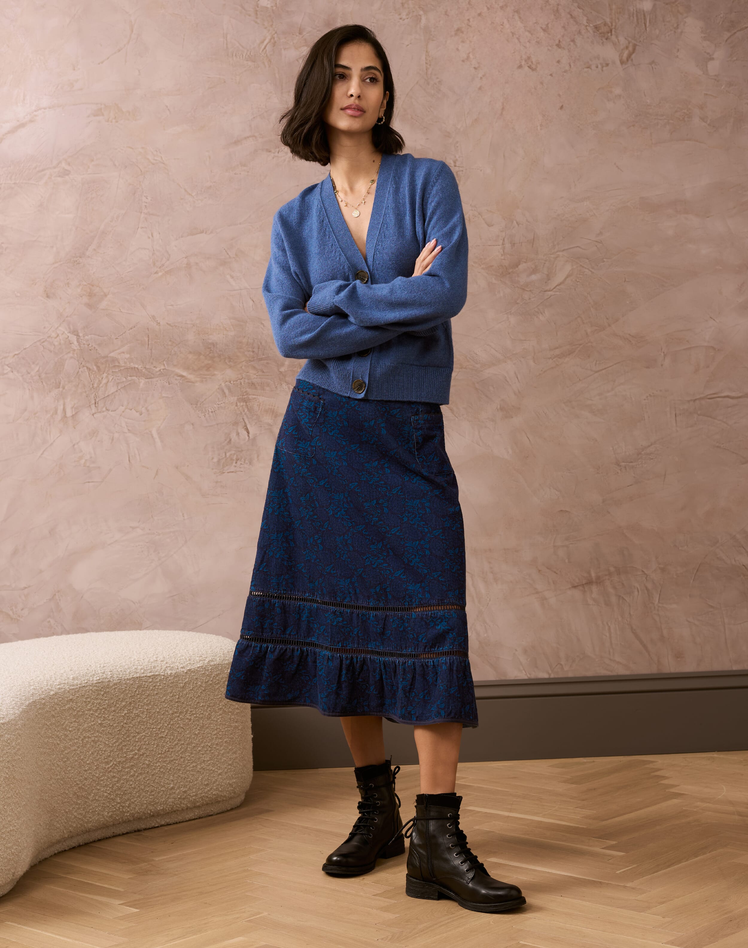 Brora Needlecord Botanical Print Skirt Dusk &
