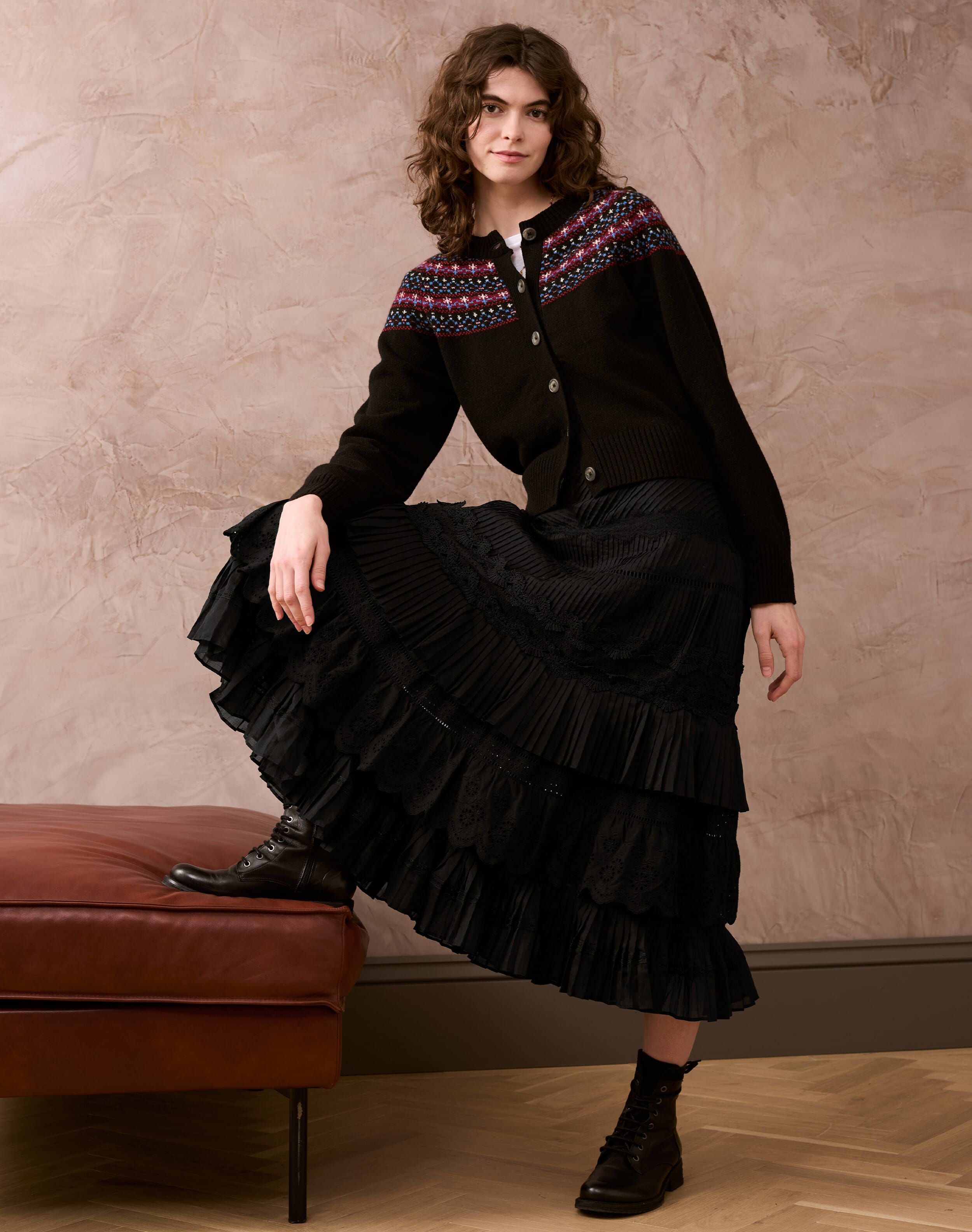 Brora Pintuck & Lace Tiered Skirt Black for Women