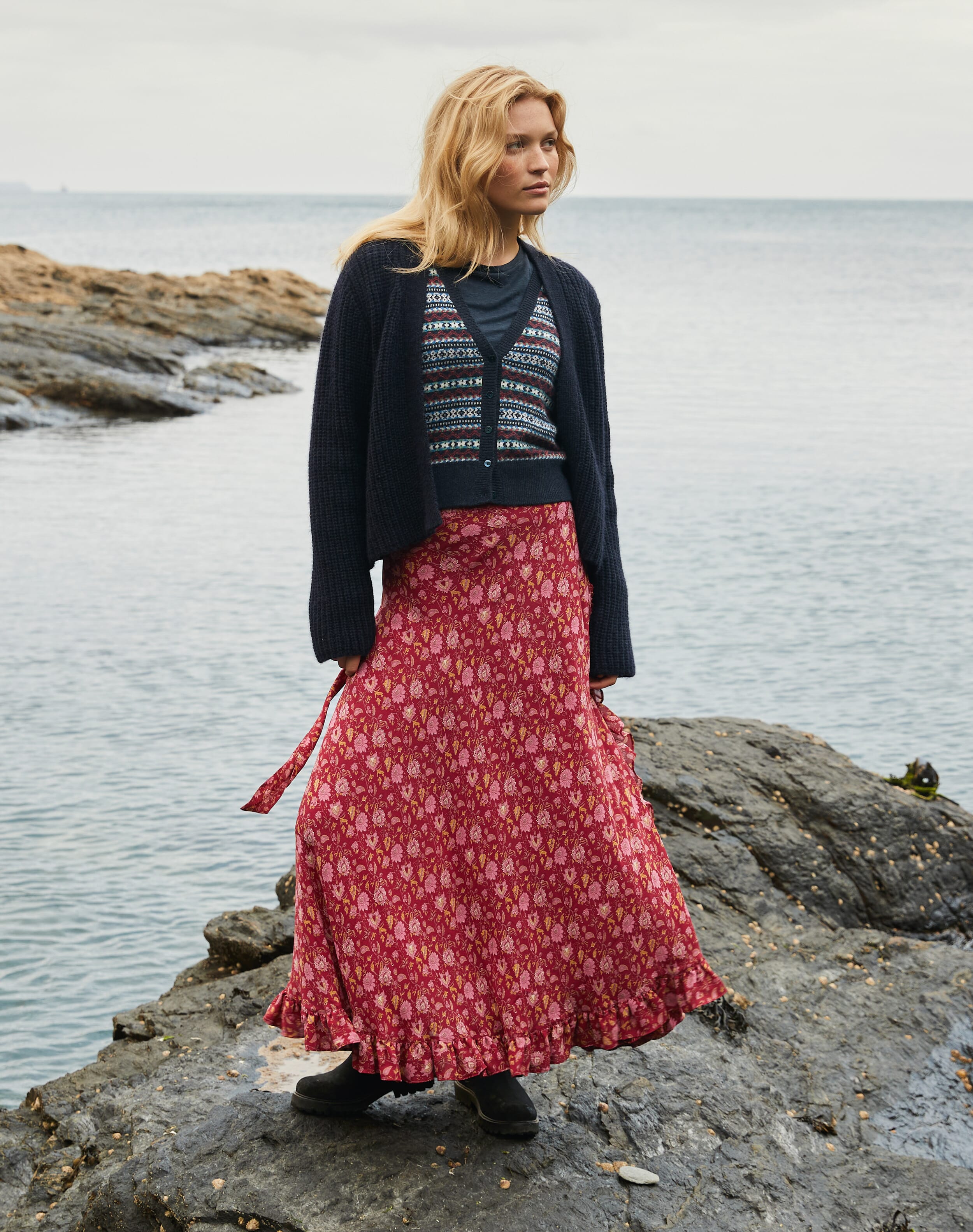 Silk Floral Block Print Maxi Skirt Damson rose