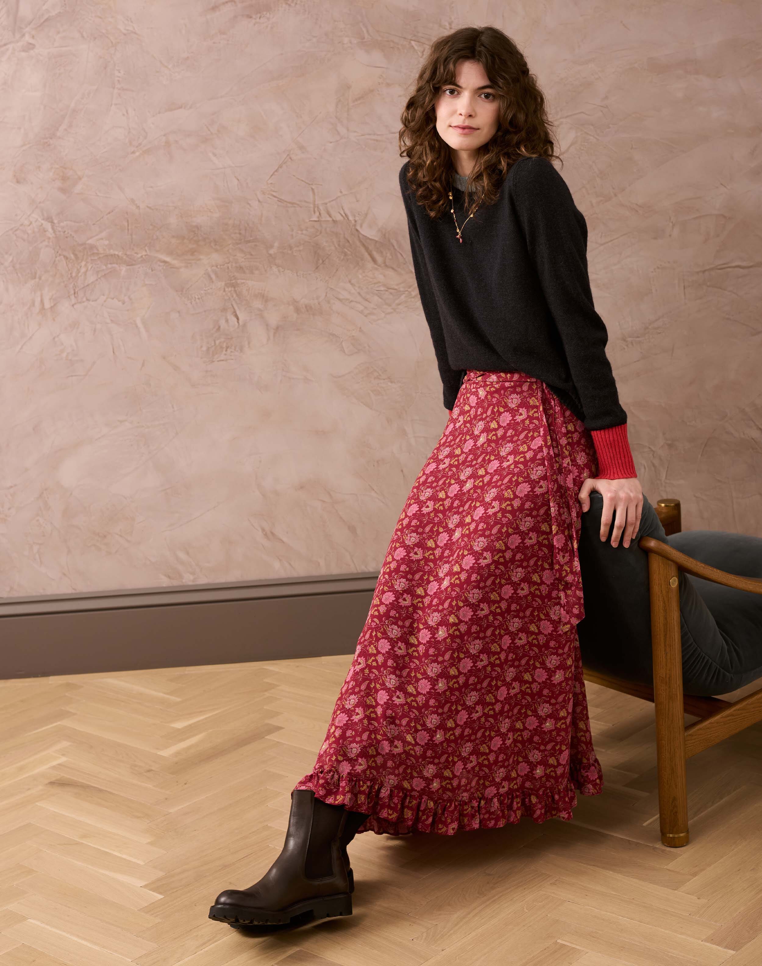 Brora Silk Floral Block Print Maxi Skirt Damson & rose