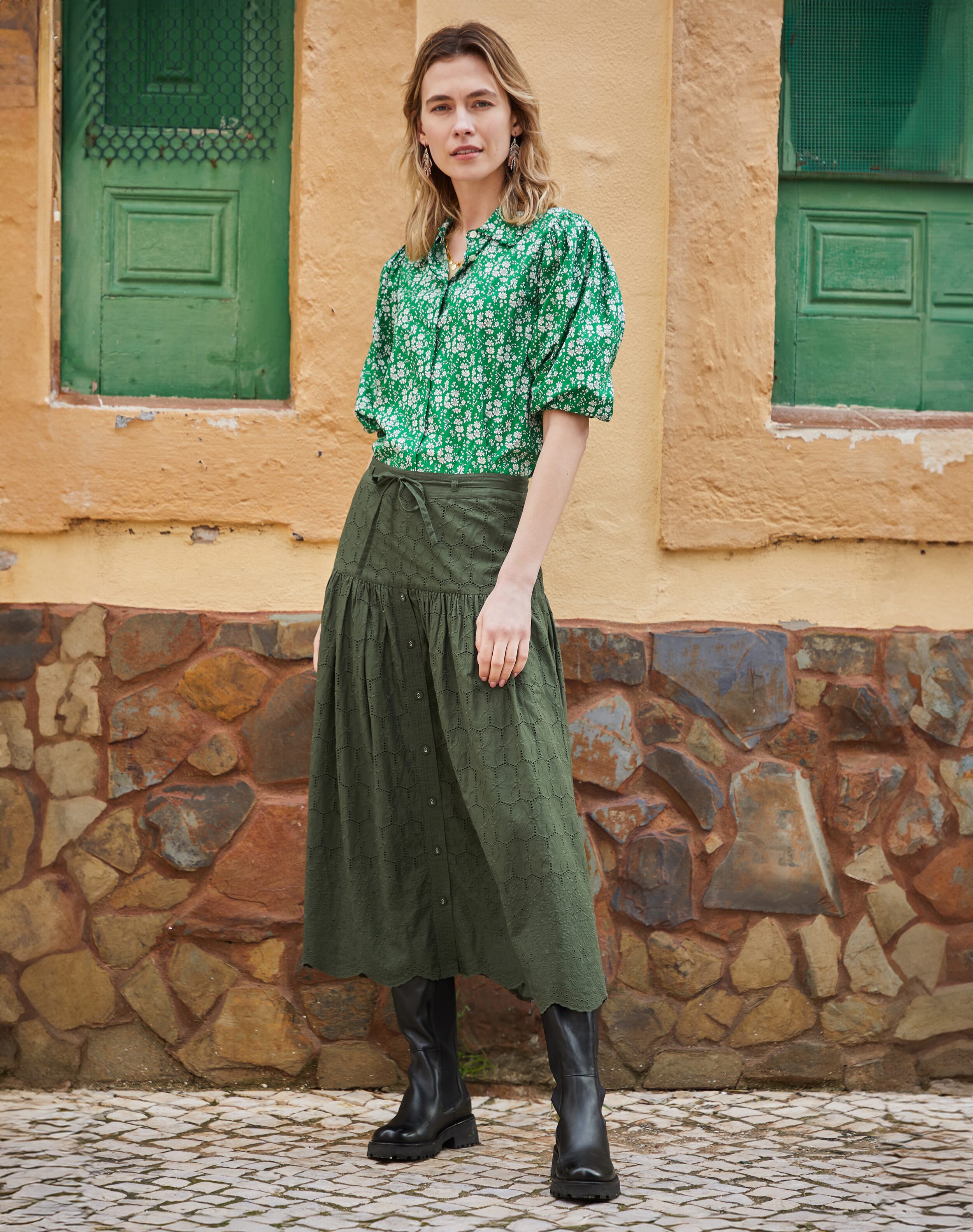 Broderie Anglaise Skirt Dark olive