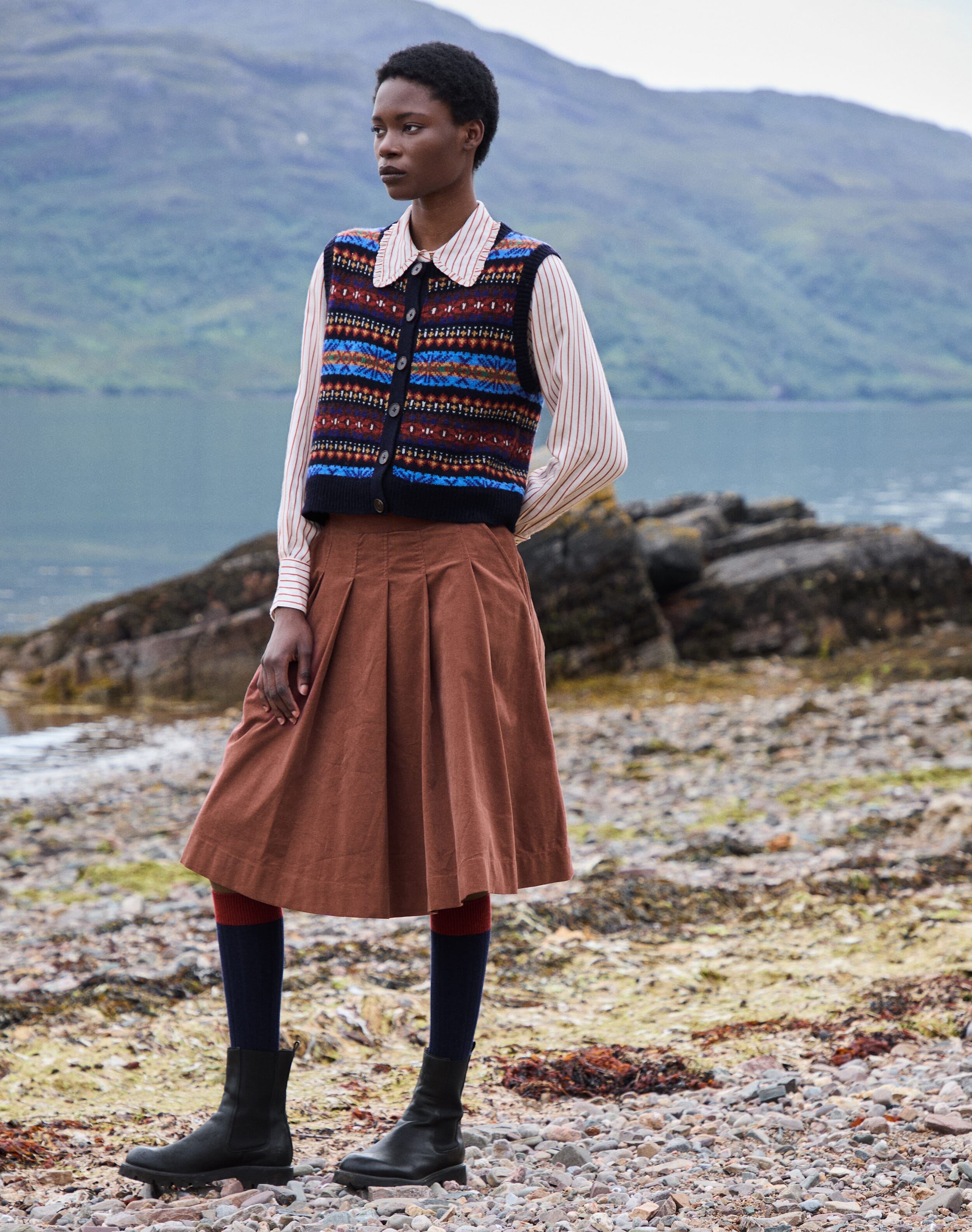 Needlecord Pleated Skirt in Acorn | Brora Clearance