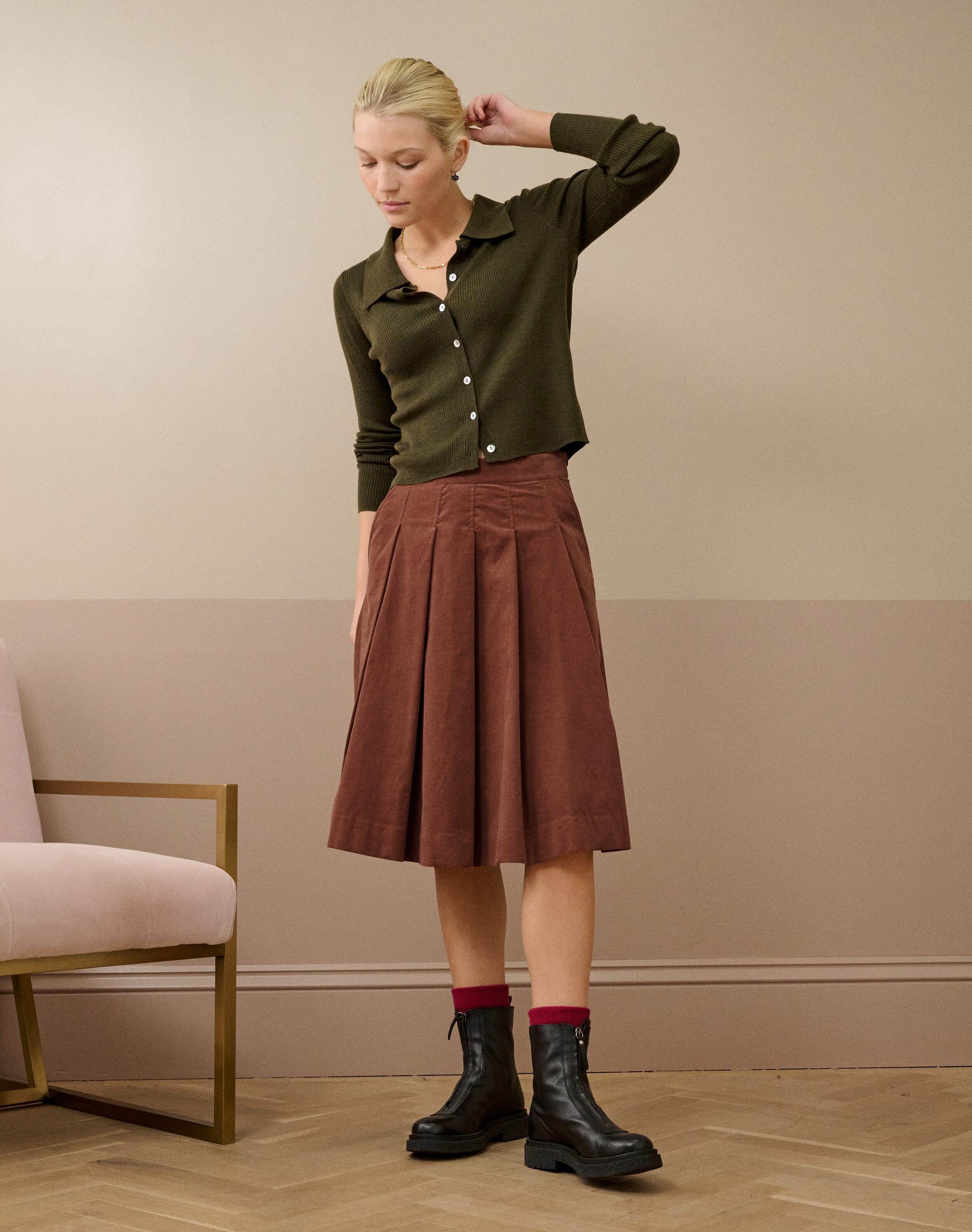 Needlecord Pleated Skirt in Acorn | Brora Clearance