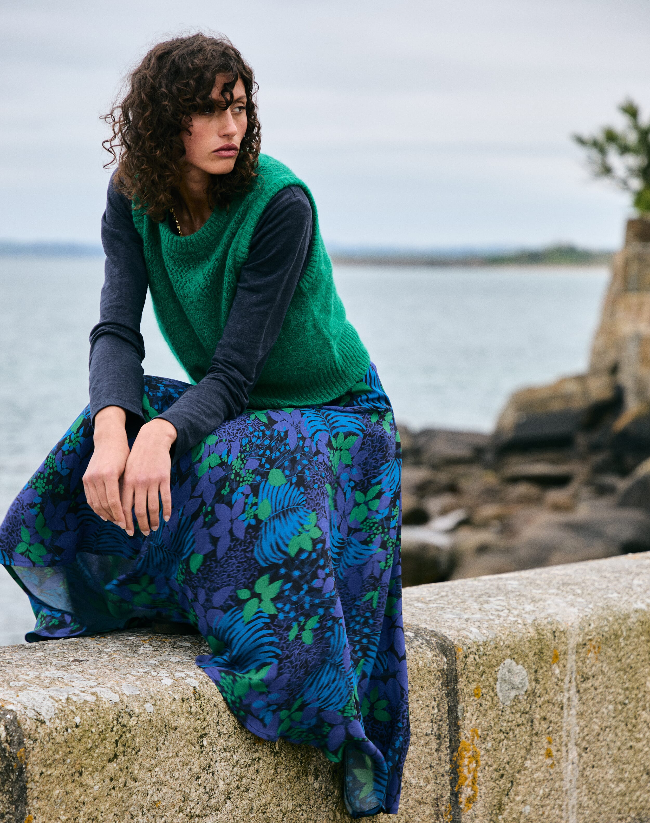 Satin Backed Floral Skirt in Jay & Emerald | Brora Clearance