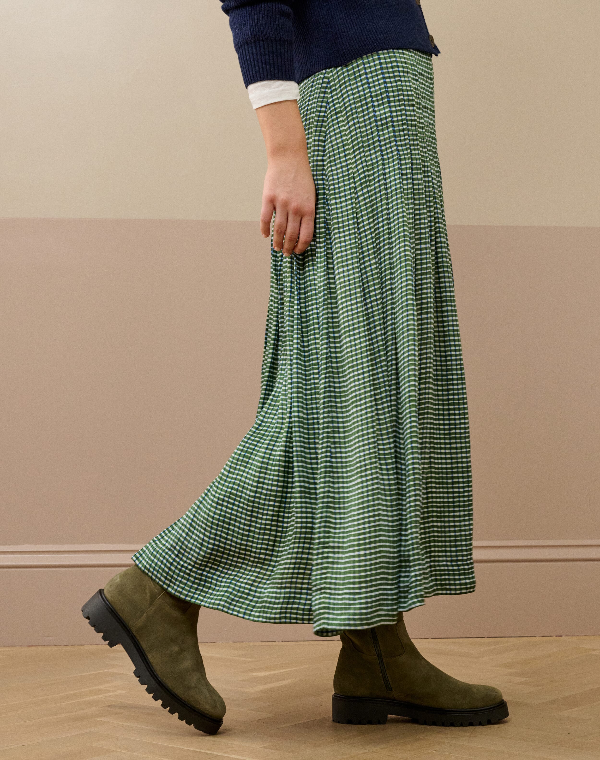 Graphic Check Pleated Skirt in Tarragon | Brora Clearance