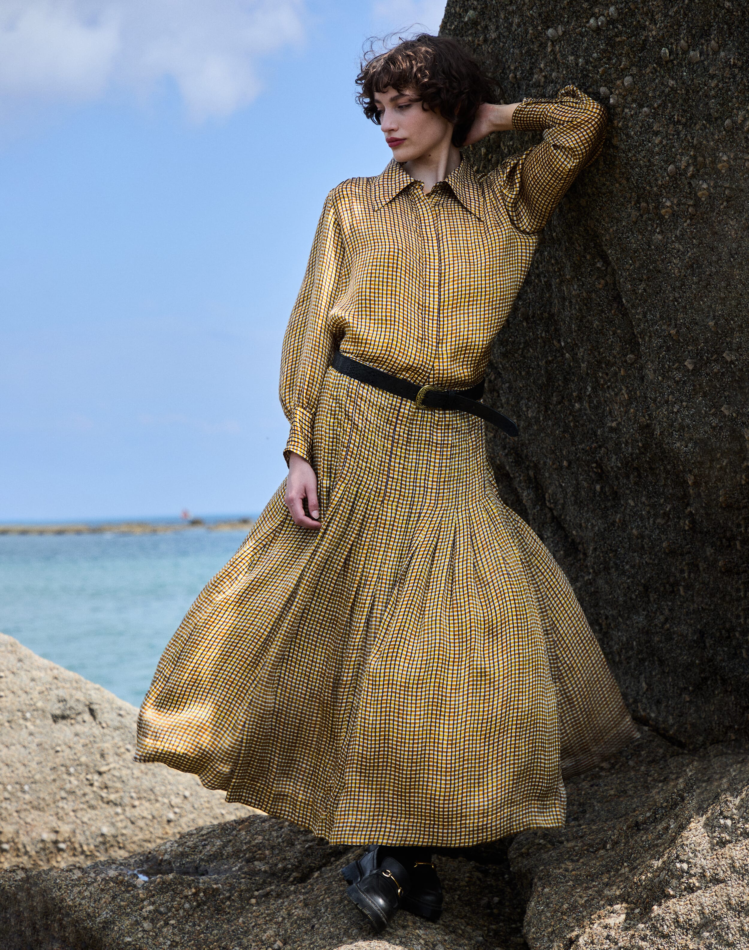 Brora Graphic Check Pleated Skirt Ochre