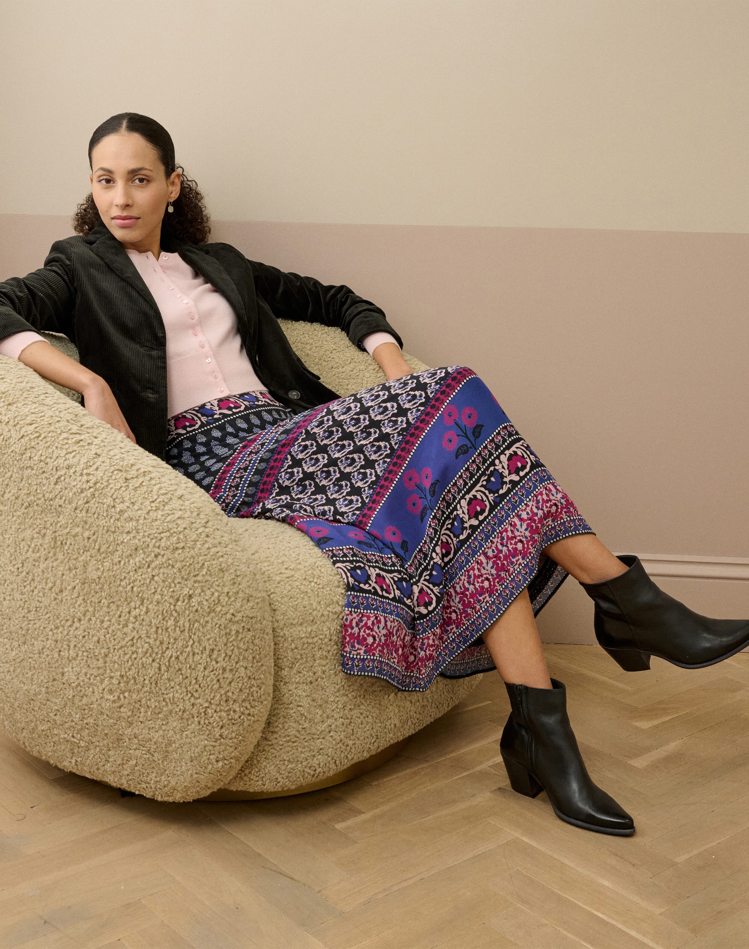 Brora Silk Patchwork Print Skirt & mulberry