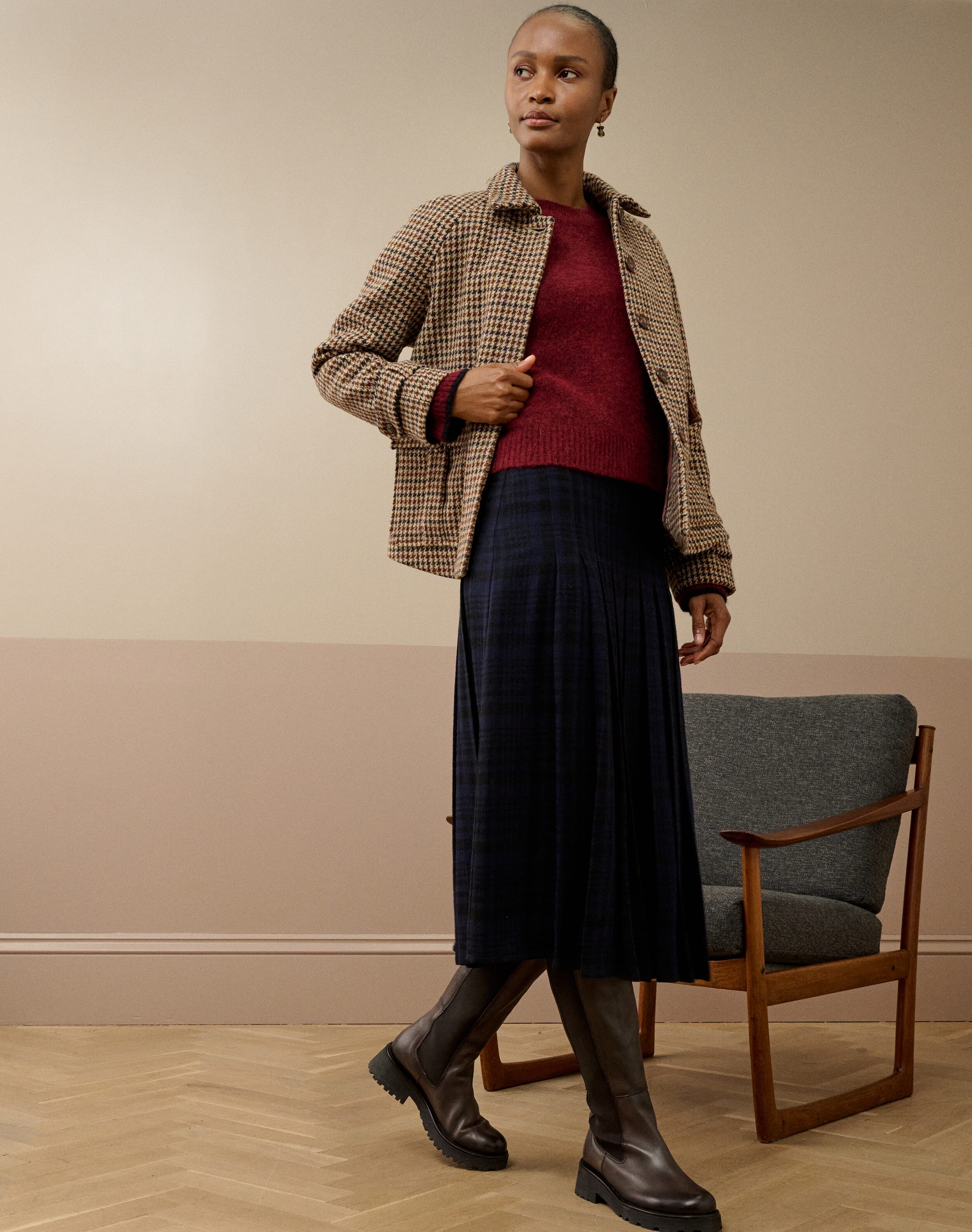 Check Pleated Skirt in Navy & Black | Womenswear | Brora Sale