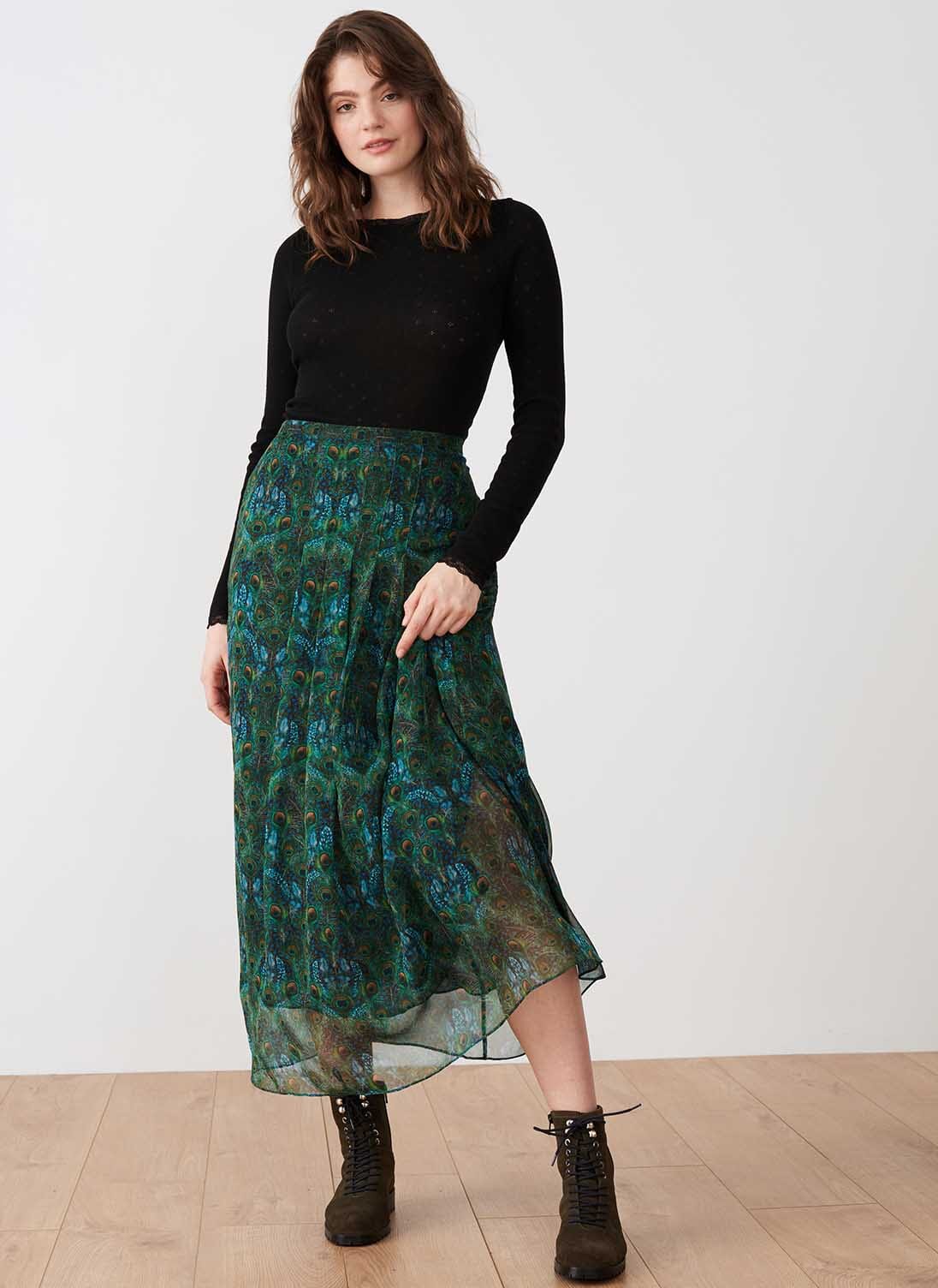 High Slit Tiered Chiffon Ruffle Skirt Dress Peacock