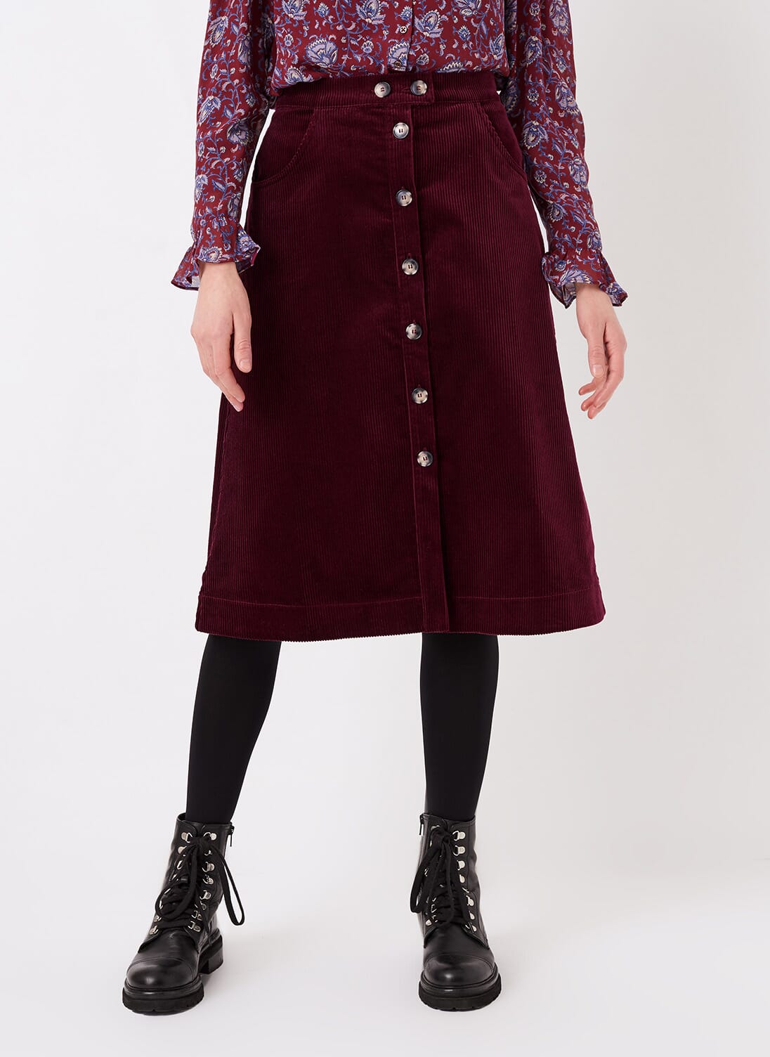 Claret Corduroy Button Through Skirt | Midi Skirts | Brora