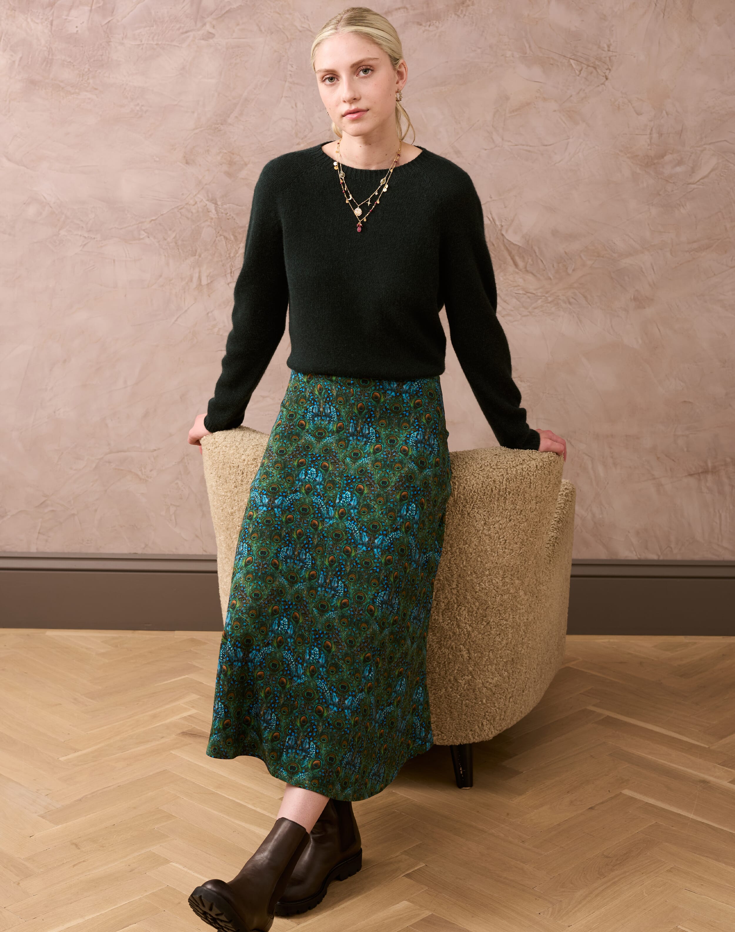 Brora Liberty Print Jersey Skirt Emerald peacock